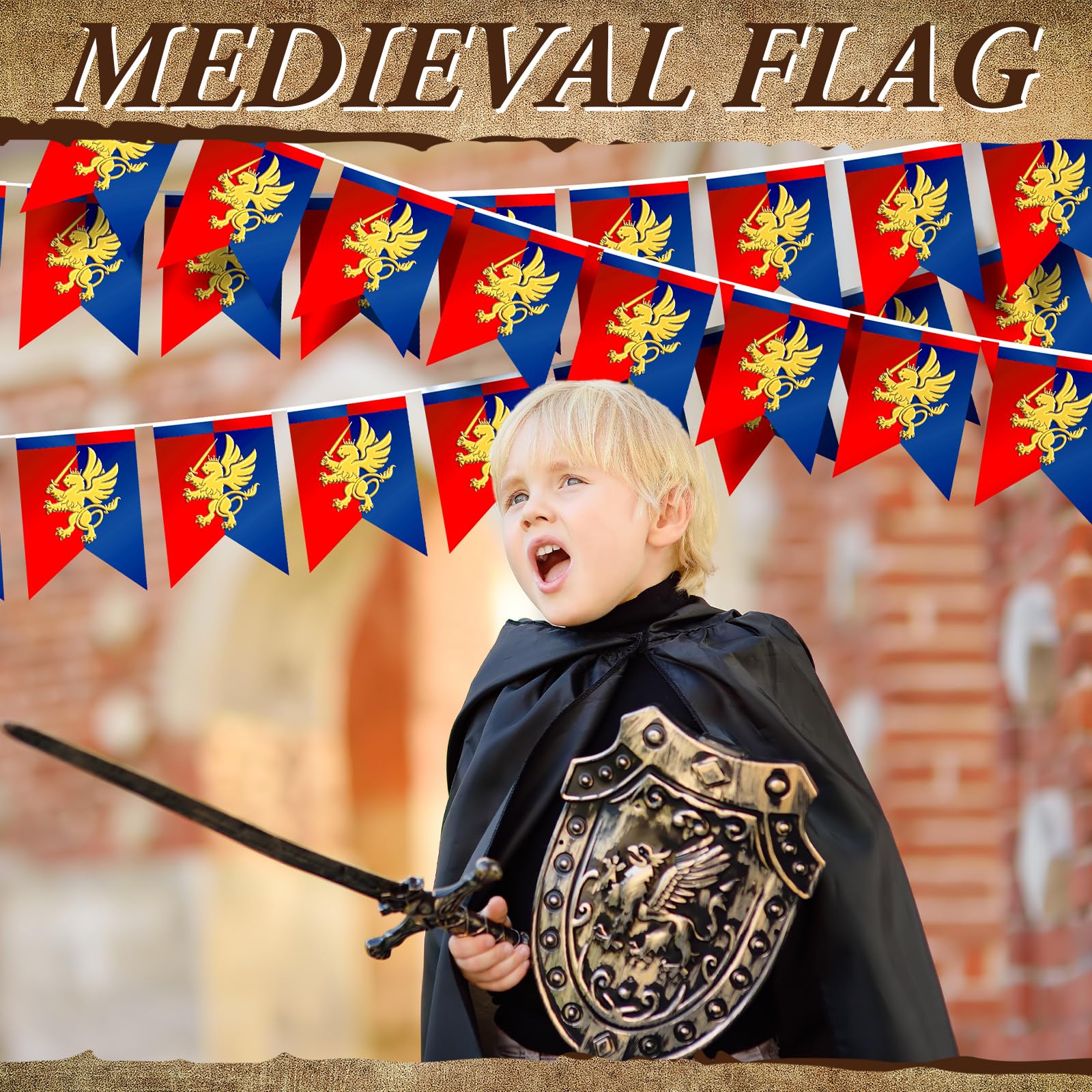 Hahafelt 6 banderines de fantasía medieval de 72 pies con diseño de león, decoraciones de fiesta medieval, banderines de caballero medieval, bandera de jardín para festival temático de castillo,
