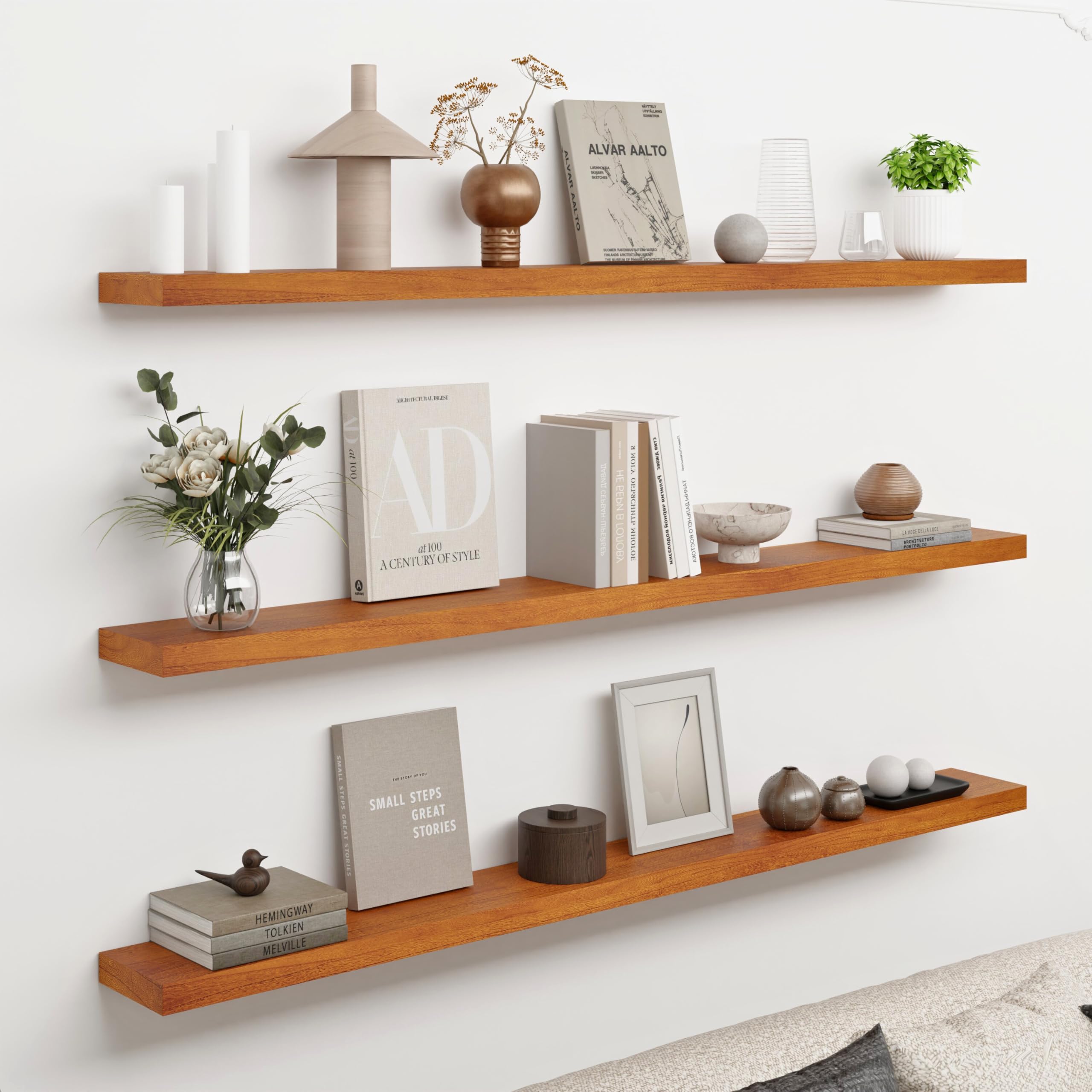 rustic floating shelves set of 3 - solid wood floating wall shelves for storage and display, perfect for living room, bedroom, kitchen, or bathroom (72 inch)