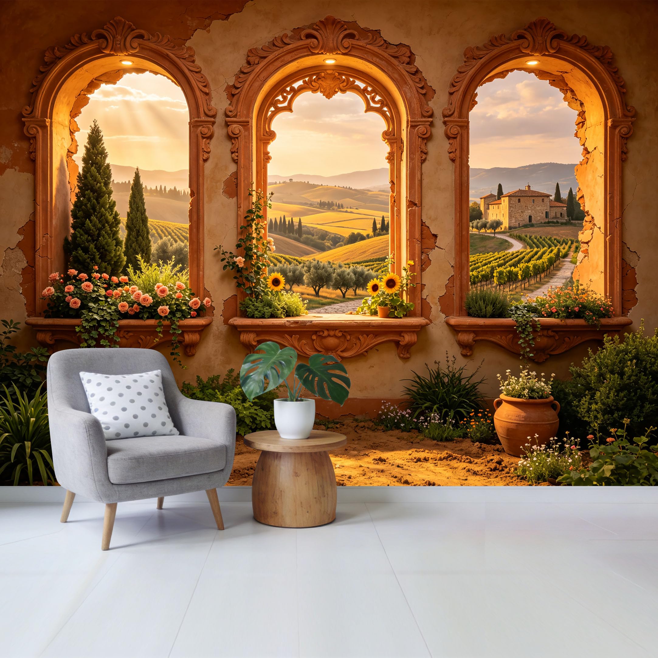 Custom Size Wall Mural Mediterranean Landscape Window View Tuscany Countryside Sunflower Garden Removable Self Adhesive Fabric Home Wall Decor for Living Room Bedroom Bathroom