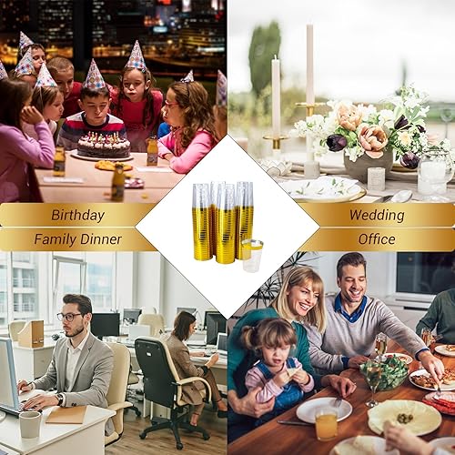 Miniatura 7 de 100 vasos de plástico dorados, vasos de plástico desechables de 10 onzas para fiestas, vasos desechables de plástico duro con borde dorado para