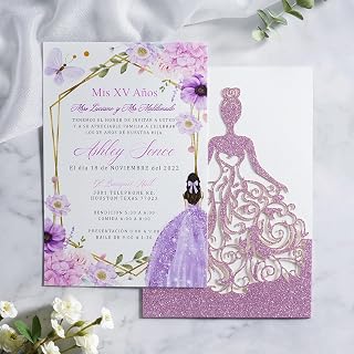 ponatia 25 PCS XV ANOS Personalized Invitation Cards, Quinceanera Invitations, Customized Invitation Cards, Personalized Printed Order, Picture Card-Lilac Glitter