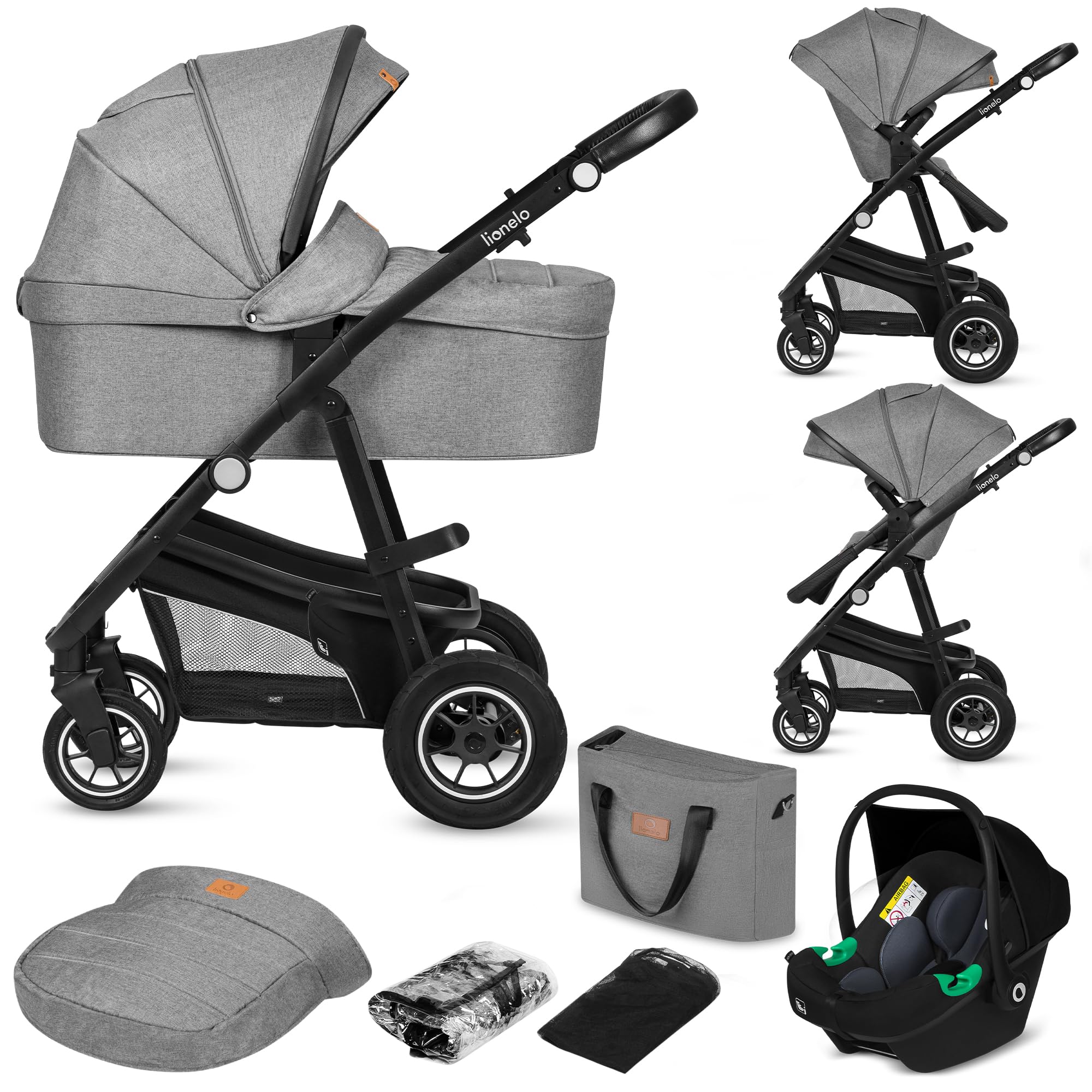 LIONELO BIANKA Kinderwagen 3 in 1 bis 22 kg Babywanne Autositz Zusammenlegbar, Reise-System, Einstellung der Rückenlehne, Räder 360o Stoßdämpfer, Verdeck XXL