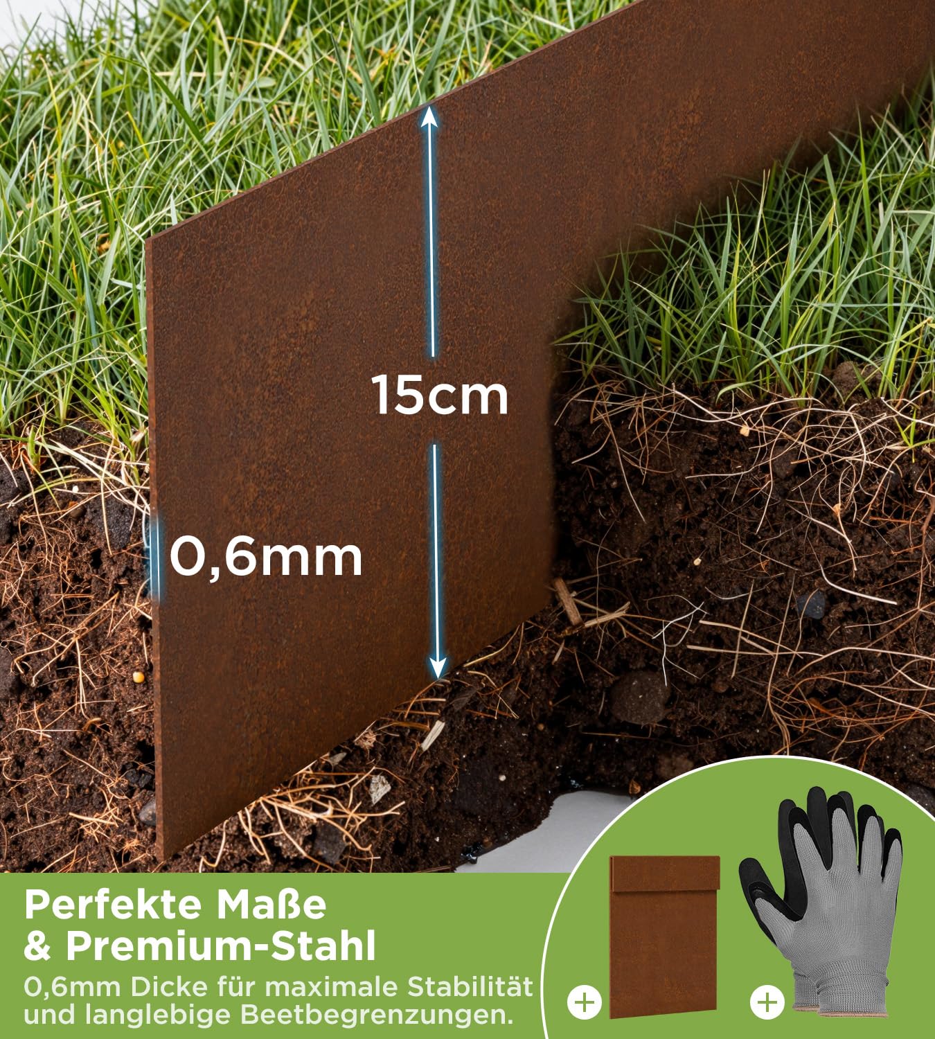 Rasenkante aus Cortenstahl 10 m – Beeteinfassung aus Metall 15 cm hoch, Dicke 0,6 mm – Flexible Beetumrandung mit Rostoptik, inkl. Inklusive einem Paar Handschuhe und einem Metallverbinder