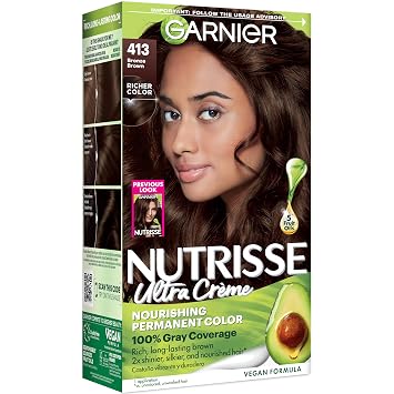 Garnier Nutrisse Ultra Creme Hair Color, Permanent Hair Dye with 100% Gray Coverage, Vegan & Cruelty-Free, 413 Bronze Brown Bronze Sugar, 1 Count