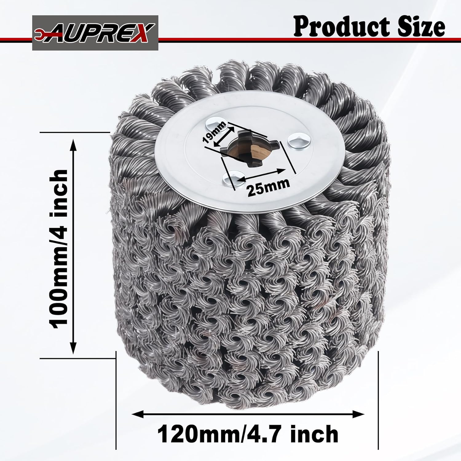 AUPREX 4.7"x4" Twisted Carbon Steel Wire Wheel, 3/4" Quad Keyway Surface Conditioning Tool, 0.02" Knotted Wire Brush Drum for Multi-Surface Texturing, Metal Rust Removal & Wood Grain Restoration