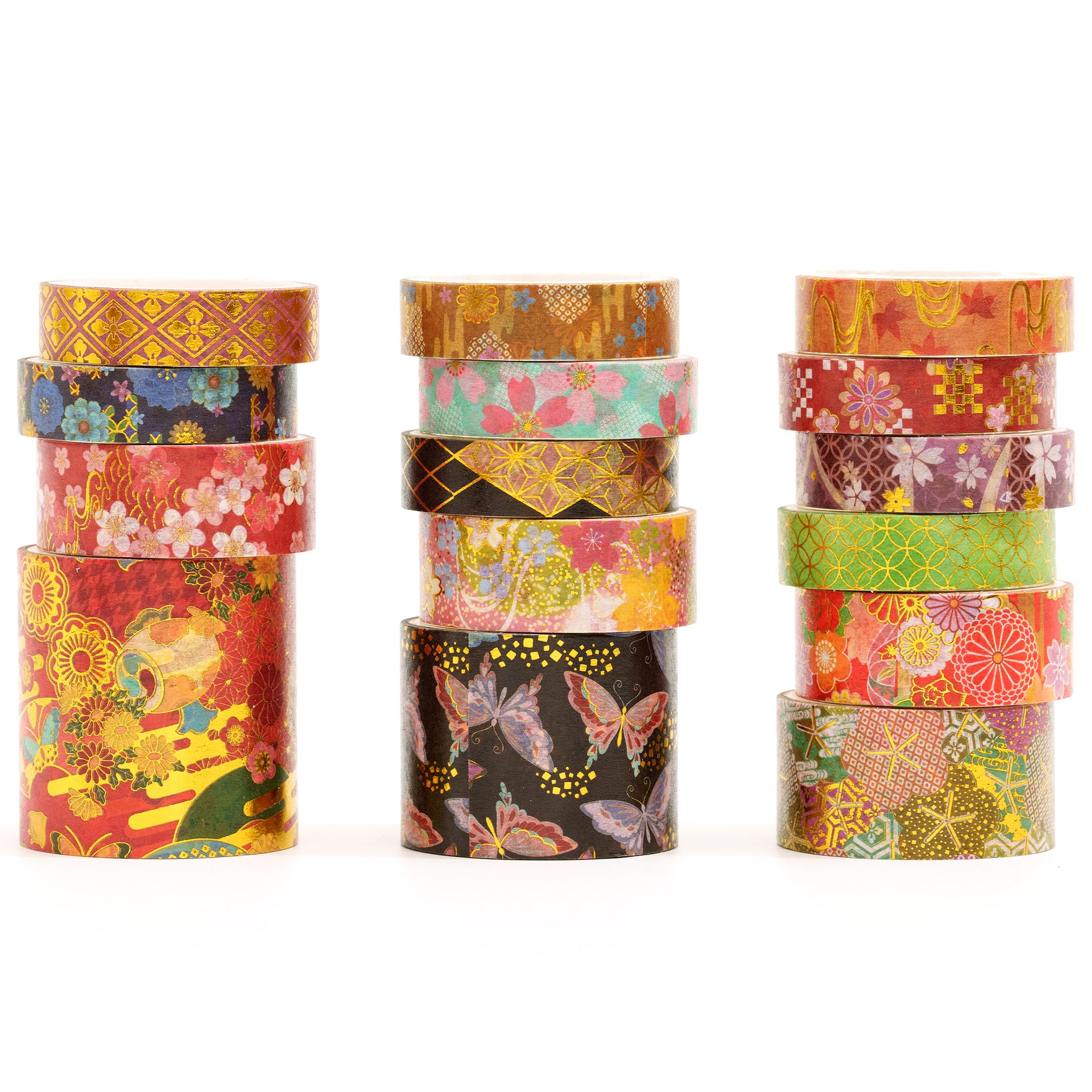 Songdao 15 Rolls Japanese Sakura Washi Tape Set, Traditional Kimono Decorative Masking Tapes with Gold Foil, Cherry Blossom Arts for Craft, Scrapbook, DIY, Gift Wrapping (2-Hanami Elegance)