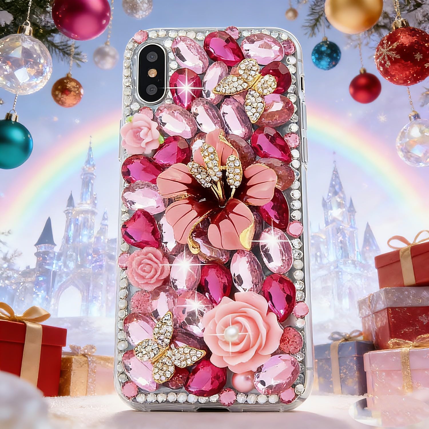 Glitter Design Phone Case for Samsung Galaxy A56 - Girls Women 3D Luxury Shiny Bling Protective Cover with Screen Protector, White Floral Pearl Crystal Phone Strap - Hot Pink Tulip Flower