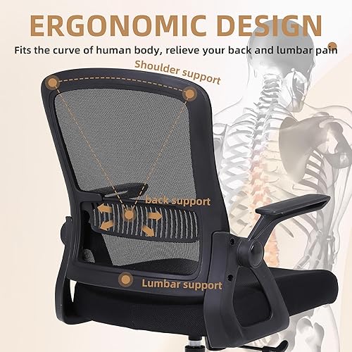 Miniatura 4 de Silla de oficina, silla de escritorio ergonómica con soporte lumbar, silla de malla transpirable con reposabrazos abatibles y respaldo medio, cómoda