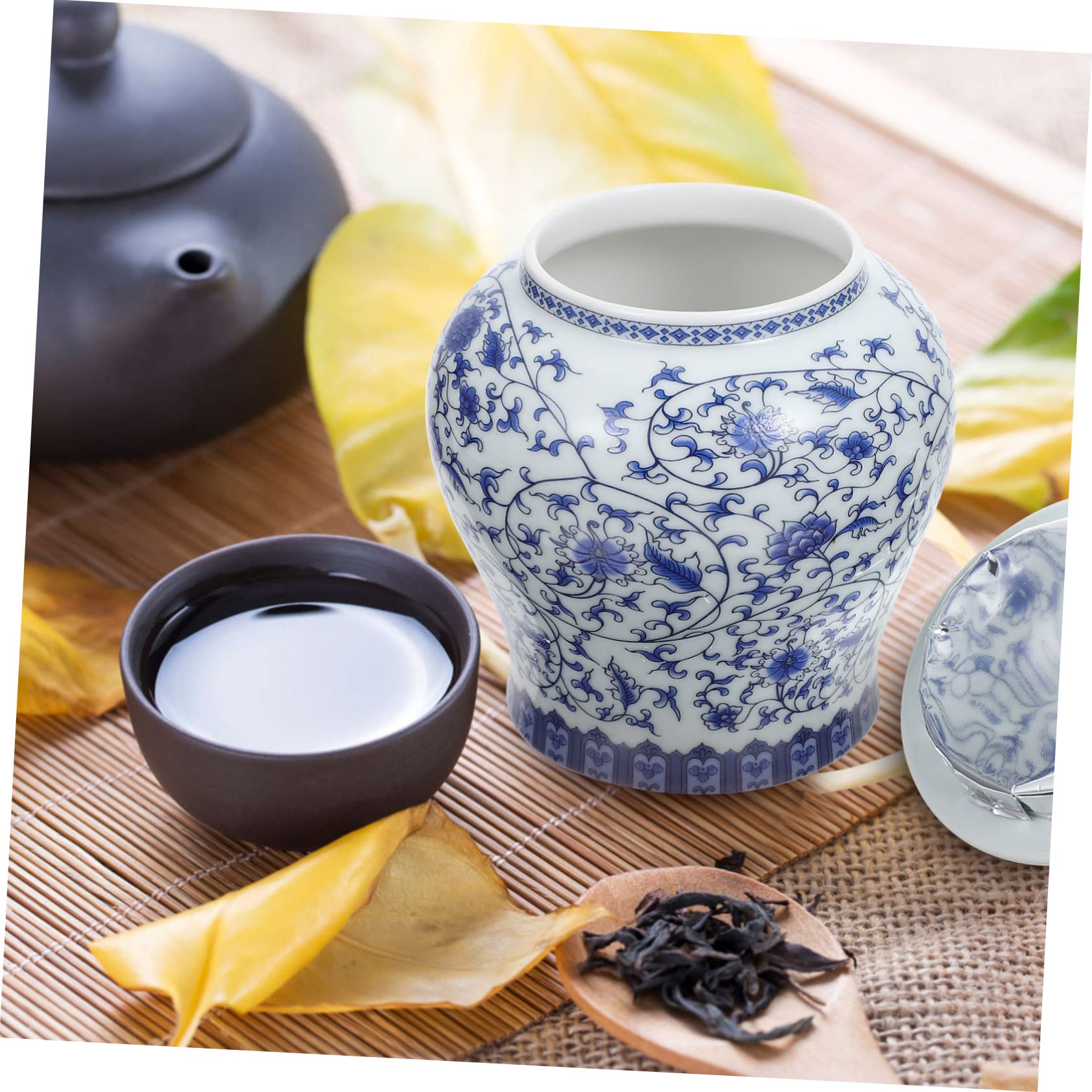Tarro para Guardar Hojas de Té de Cerámica Azul Estilo Chino | Tapa Sellada, Diseño Retro, Pieza de Sobremesa para Almacenamiento y Ornamento