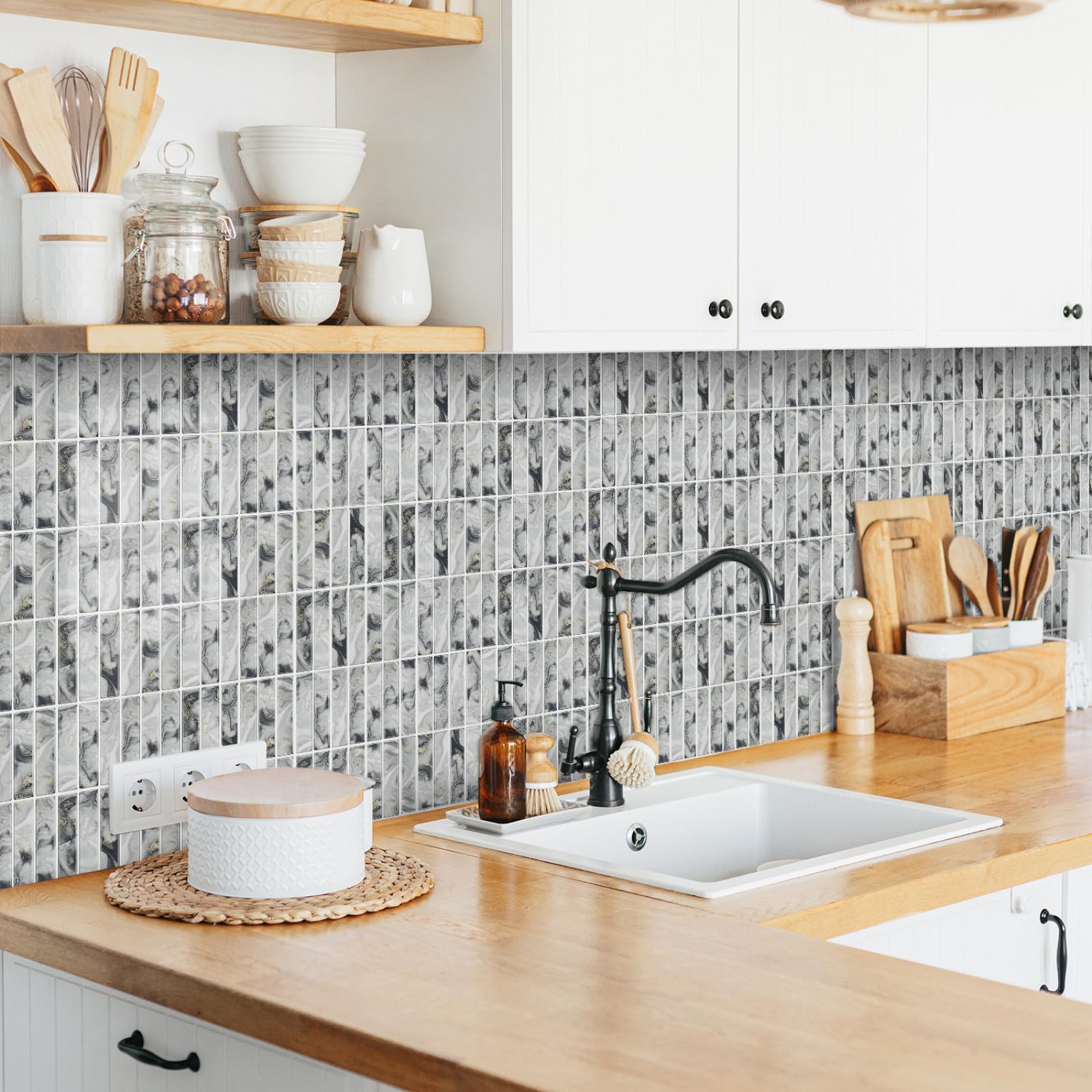 Piastrelle adesive a Forma di Barra Effetto Marmo, autoadesive, in Vinile Impermeabile per la Decorazione di Cucina e Bagno, Adesivi per Piastrelle antiolio, Decorazioni Fai da Te