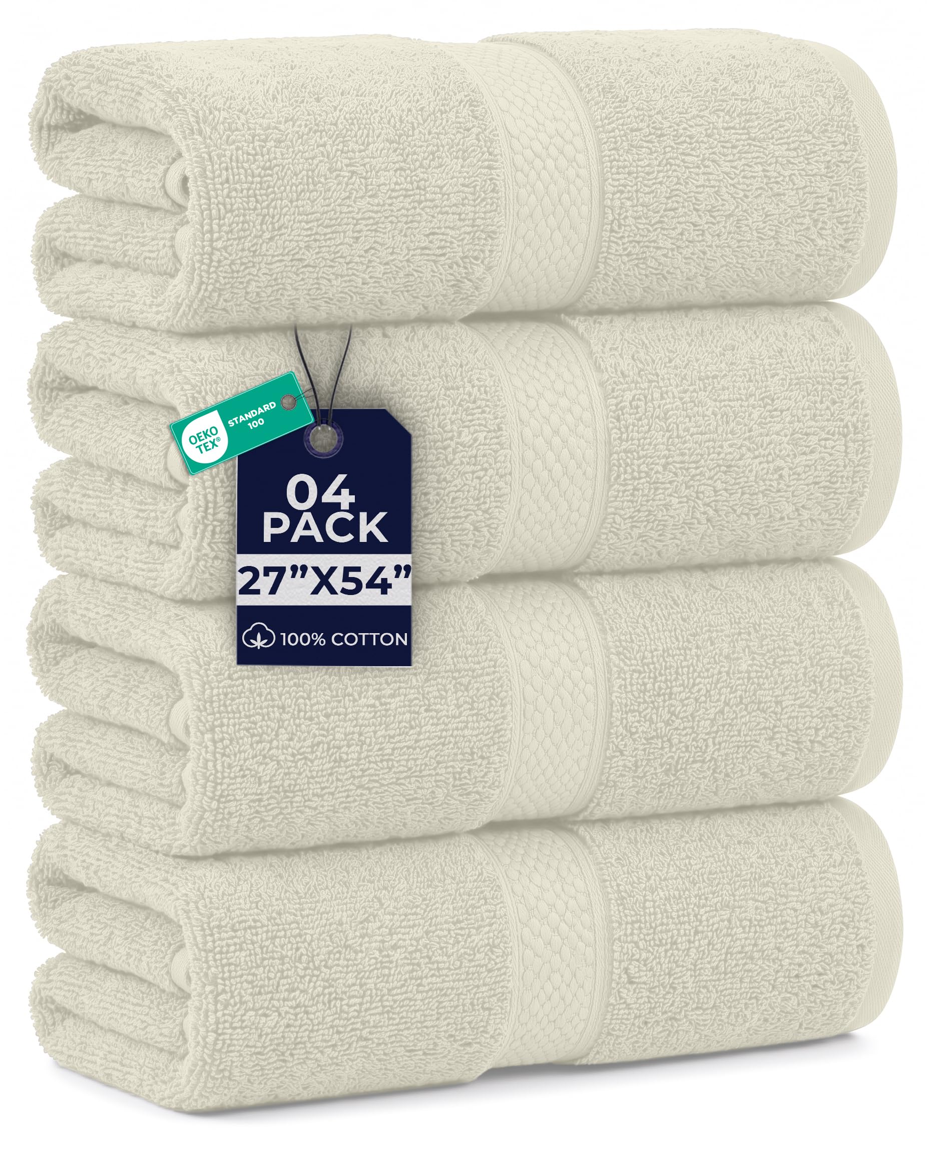 DAN RIVER 600 GSM Cotton Large Bath Towels Set of 4, 27 x 54 Inches, Ivory