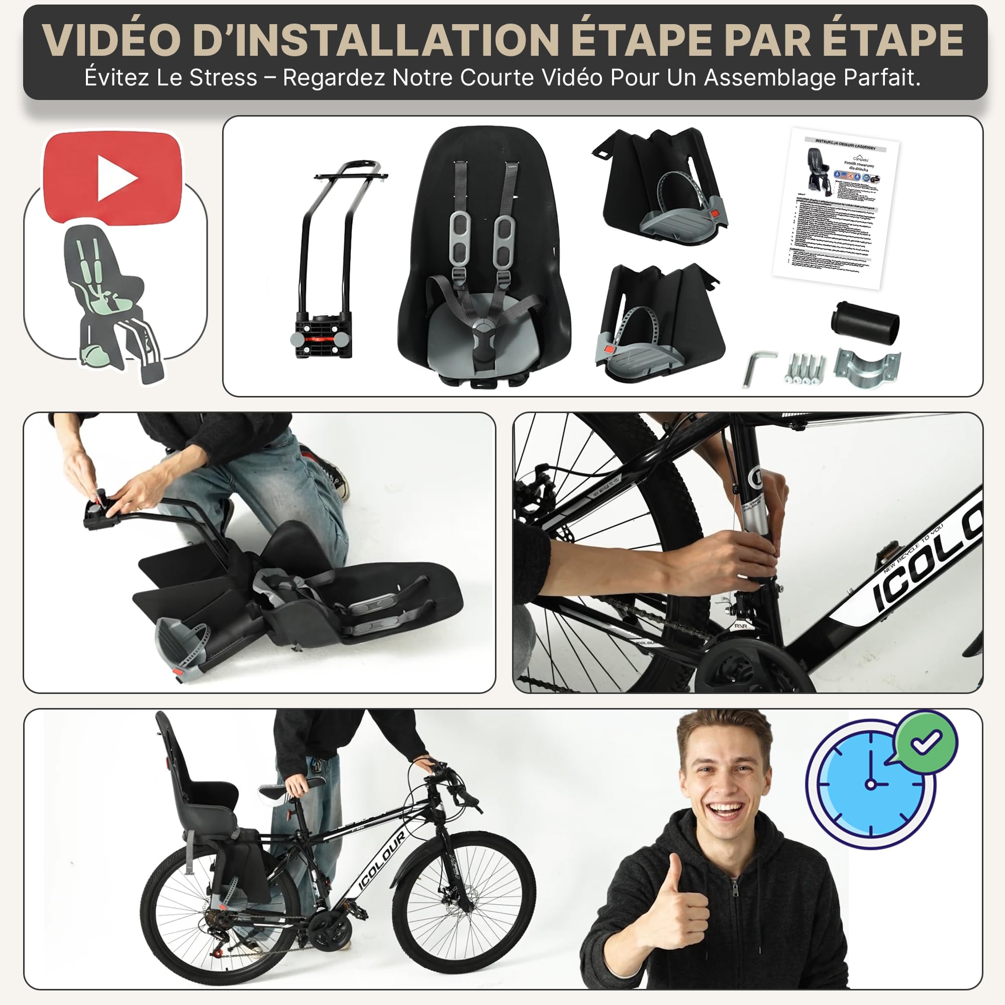 Siège Enfant Vélo 2 en 1 Arrière Porte-Bagage Cadre CA0060