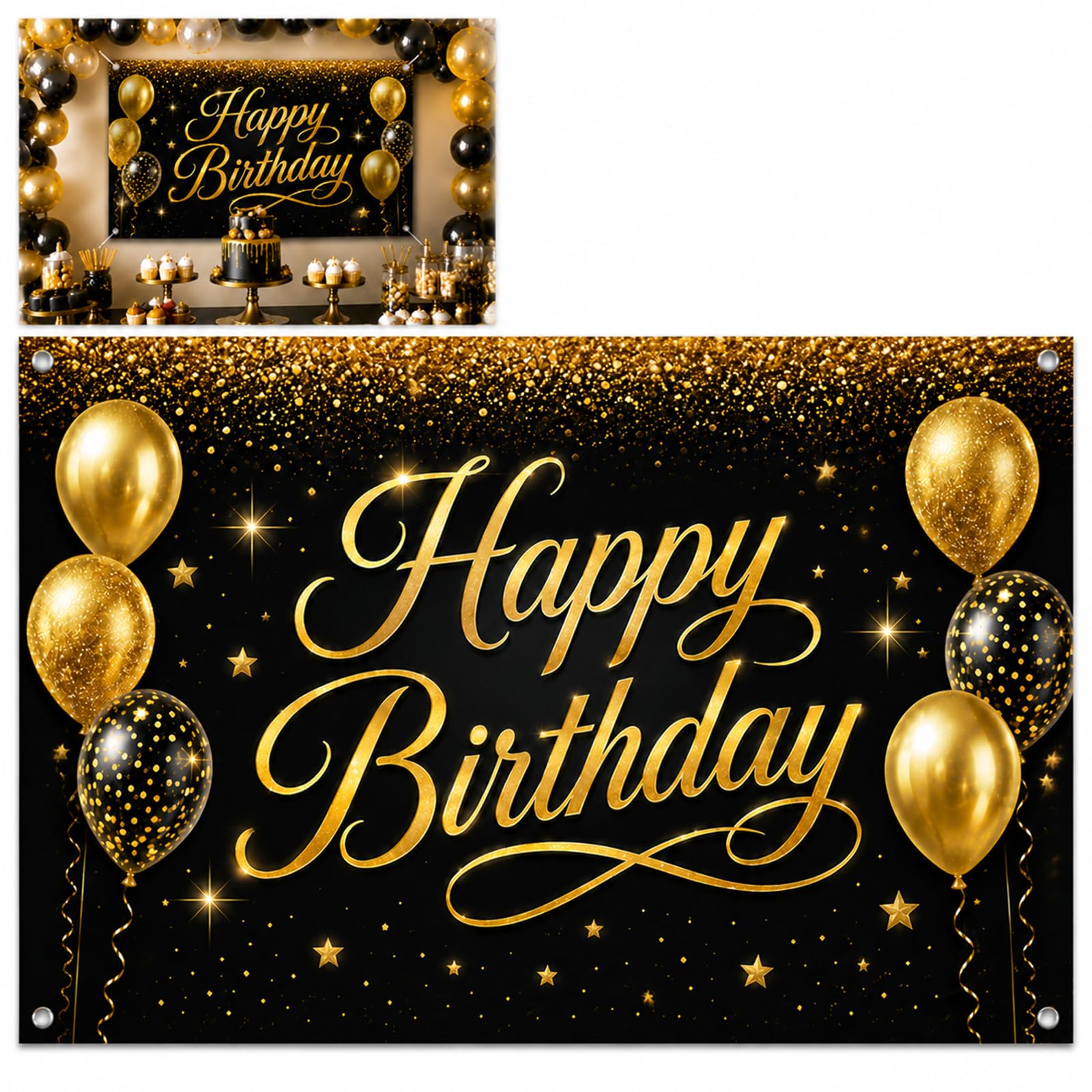 Birthday Party Background Banner for Indoor Outdoor Decor - Extra Large Premium Polyester Fabric with Balloons Stars Sparkle Effects, Tear-Resistant Foldable Reusable Wall Hanging