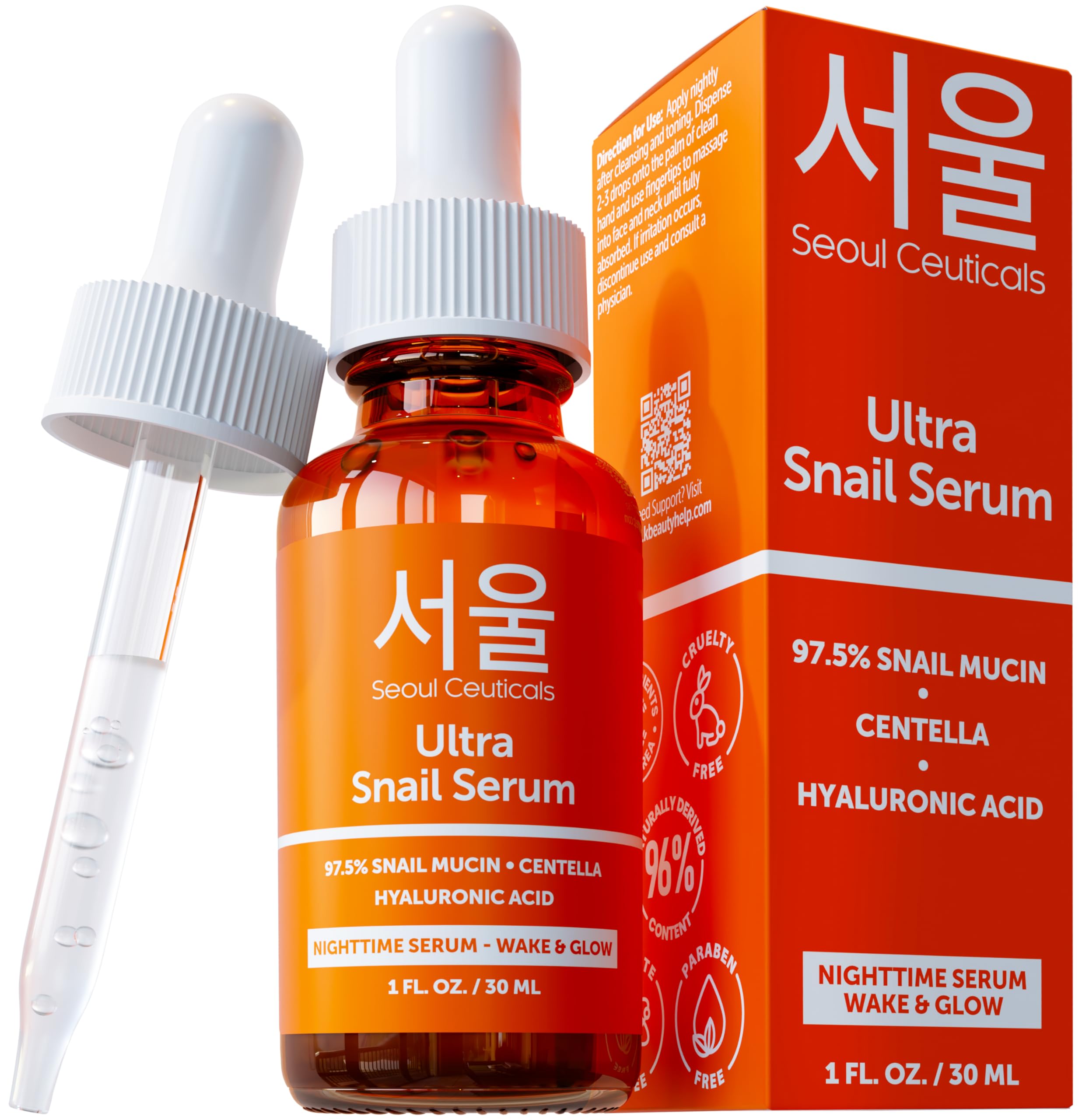SeoulCeuticals Korean Skincare Snail Serum - 97.5% Snail Mucin Night Serum - Anti-Aging, Anti Wrinkle Hyaluronic Acid Face Brightening Serum - K Beauty Skincare Centella Wake & Glow Serum - 30ml
