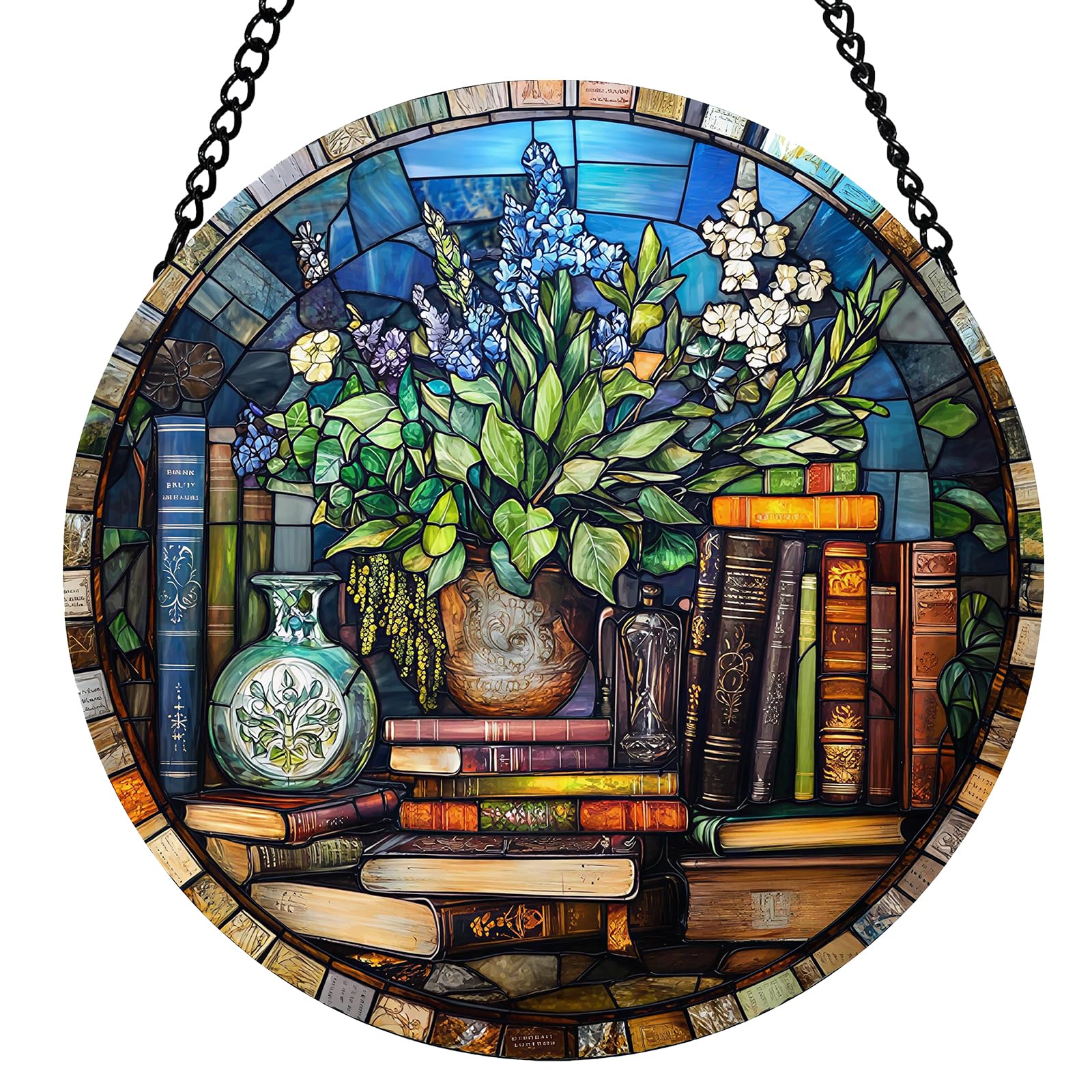 Book Stained Glass Suncatcher, Sun Catcher Hanging Ornament with Hooks for Window Garden Home, Handmade Sun Catcher Decor for Christmas & Birthday Housewarming Gift