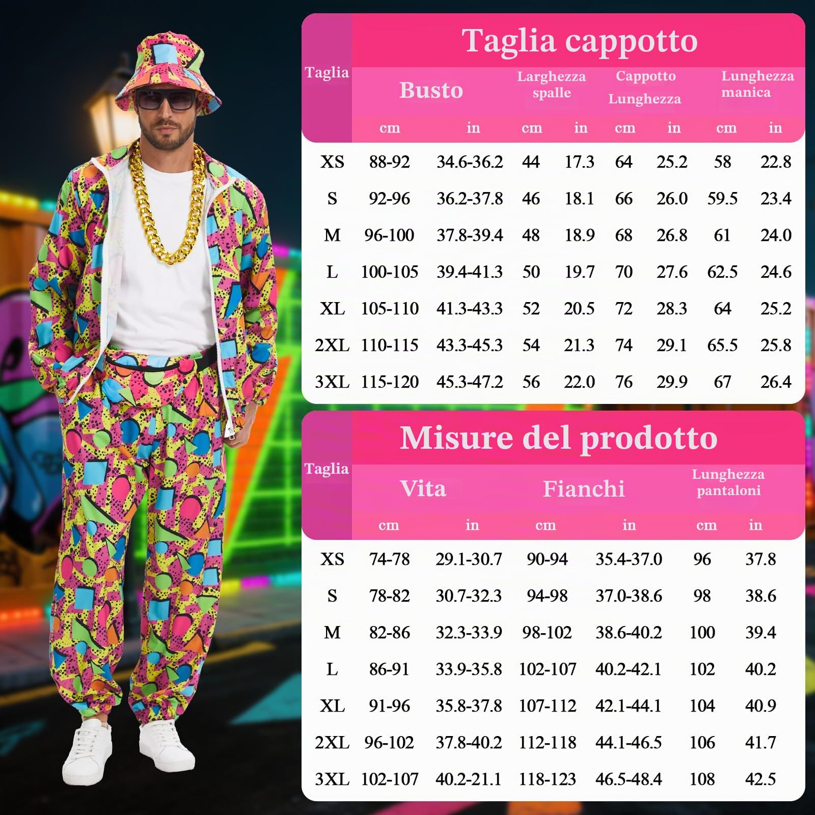Tuta da uomo anni '80 e '90, stile hip hop, stile anni '80, tuta sportiva con giacca, pantaloni e berretto, adatta per Halloween e carnevale