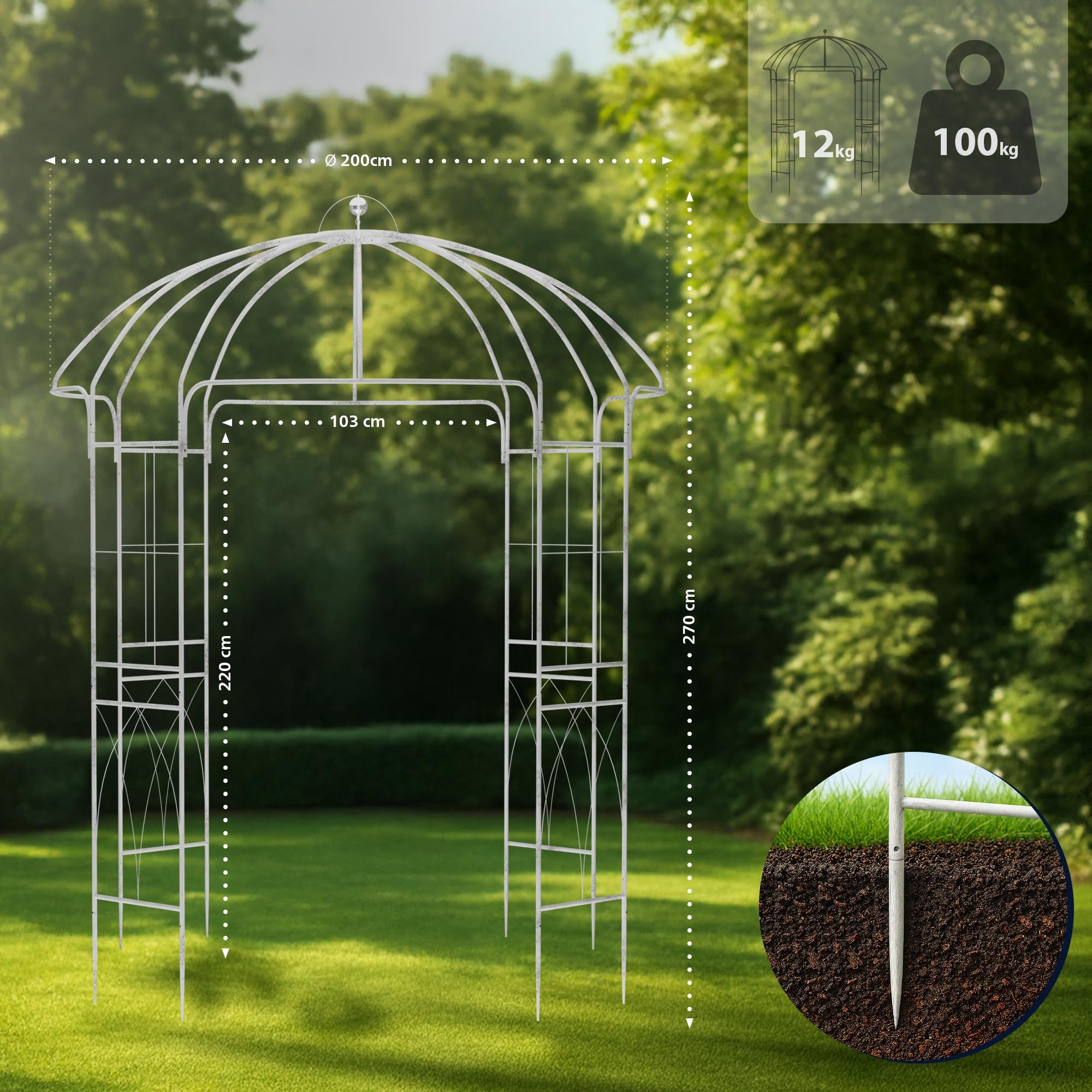 CLP Gartenpavillon wetterfest Keira, Rosenbogen mit Rankhilfe, 270x200 cm, Stahlgestell pulverbeschichtet, stabil & dekorativ für Terrasse, Farbe:antik weiß