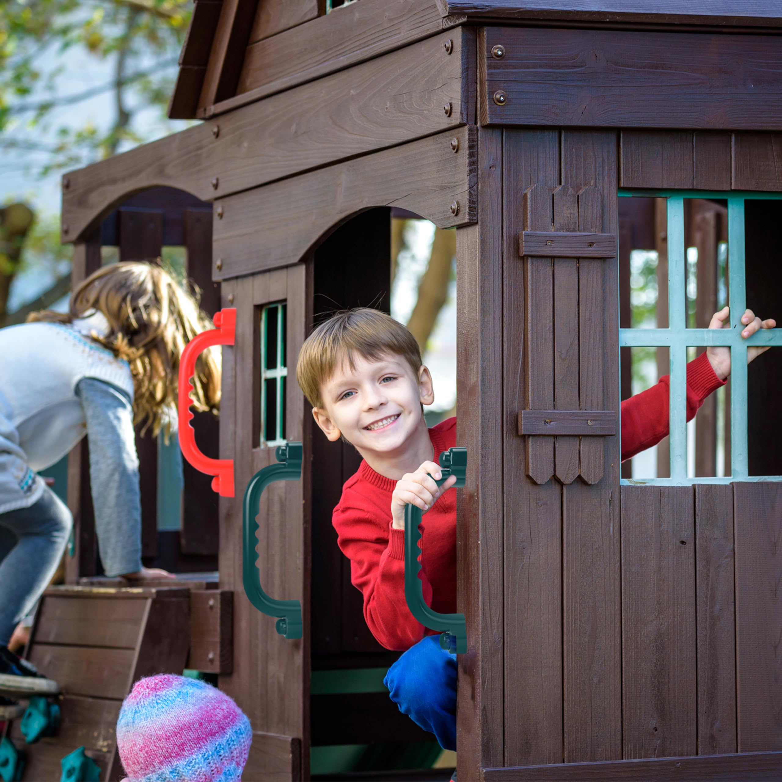 Charmofun Maniglia di Sicurezza per Parco Giochi, Maniglie per Telaio per Arrampicata, Maniglie Sicurezza Antiscivolo per Bambini, Accessori per Casetta da Gioco (Rosso e verde)