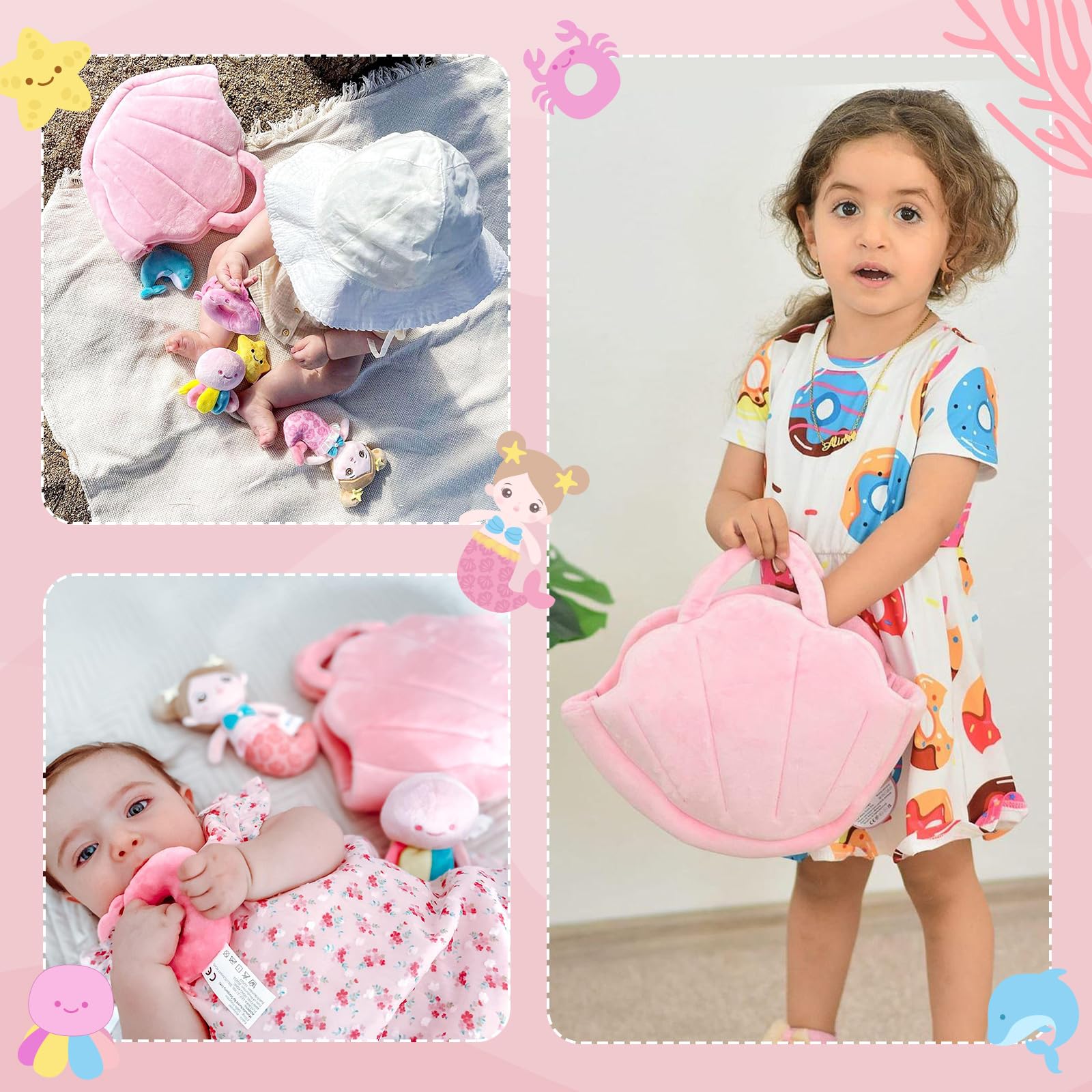 OUOZZZ Jouet en Peluche Sirène Océan, Jouet Sensoriel pour Bébé Fille de 1 à 3 Ans, 24 cm