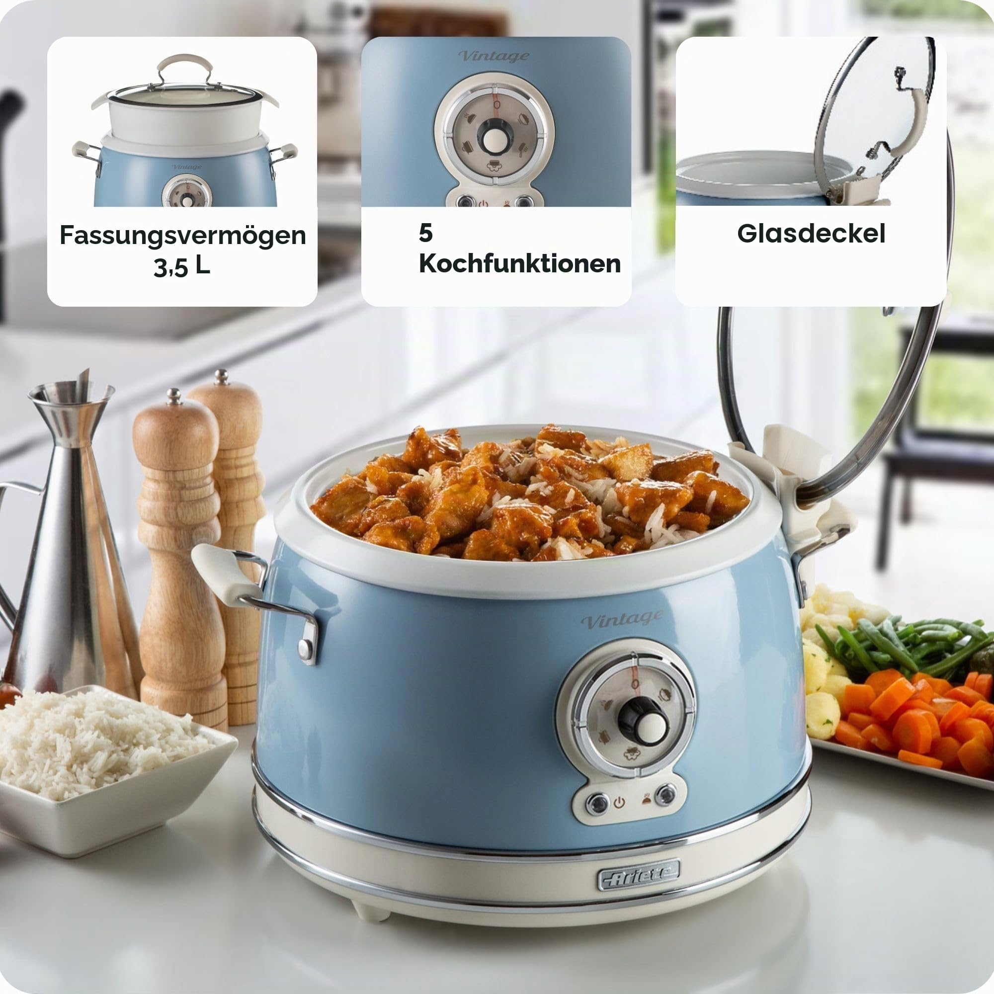 Ariete 2904 Vintage Rice Cooker, Reiskocher Slow Cooker, Dampfgarer, Vintage-Linie, 3,5 l, antihaftbeschichtete Keramikbeschichtung, 650 W, Pastellblau