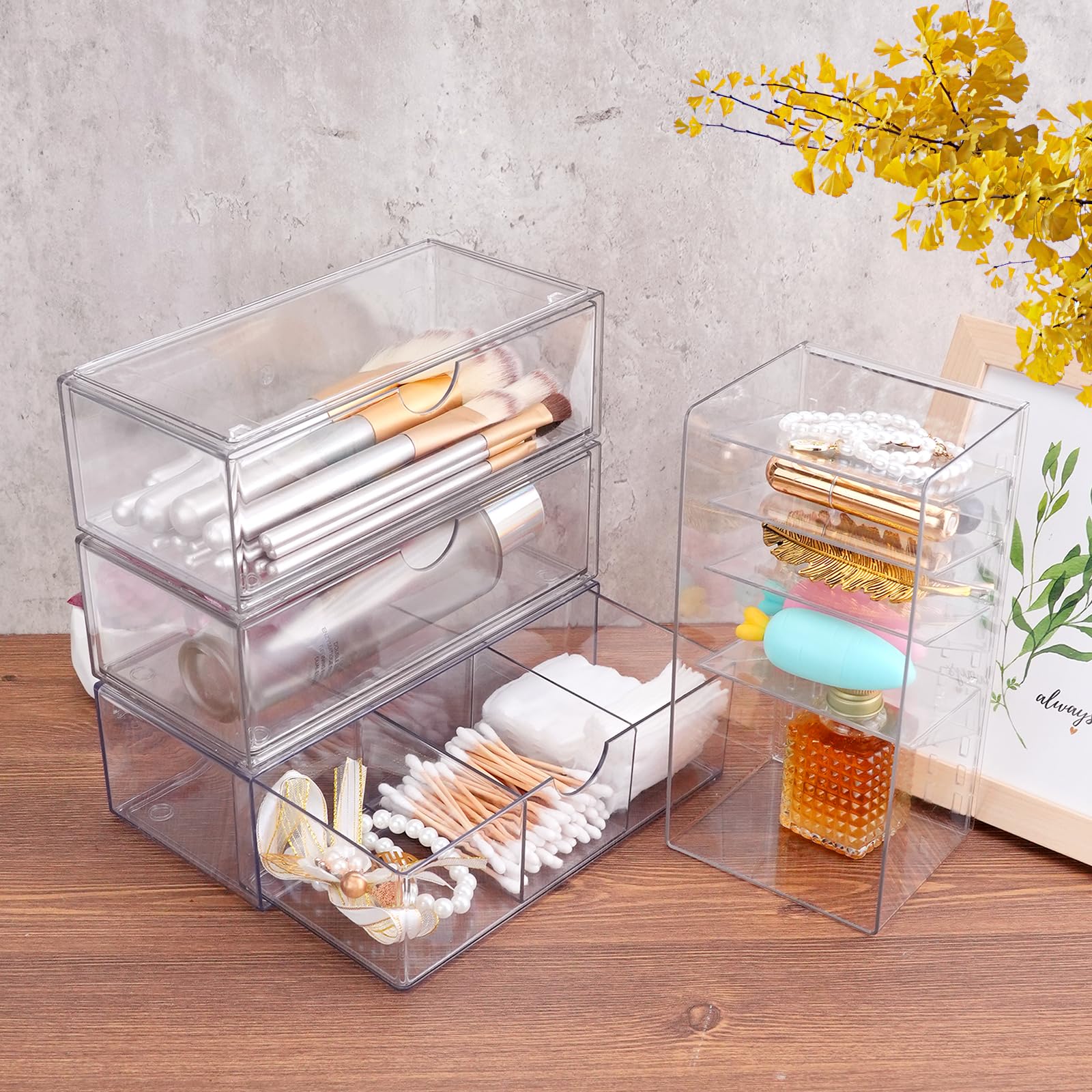 IBEQUEM 4PCS Cosmetic Storage Drawer, Stackable Bathroom Acrylic Organizer for Dresser Stationery, Kitchen Cabinet, Pantry - Image 2
