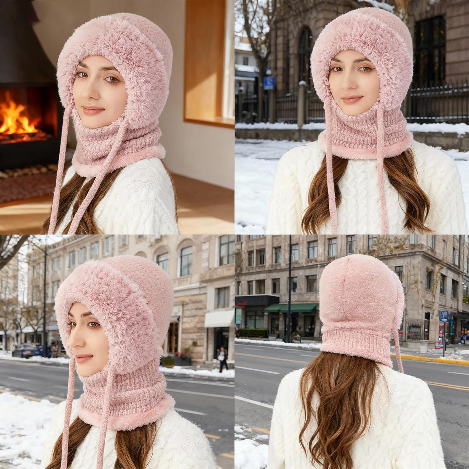 3 in 1 Beanie Hat with Scarf and Mask 3 in 1 Winter Hat for Women Balaclava Ski Mask (Pink) - Image 6