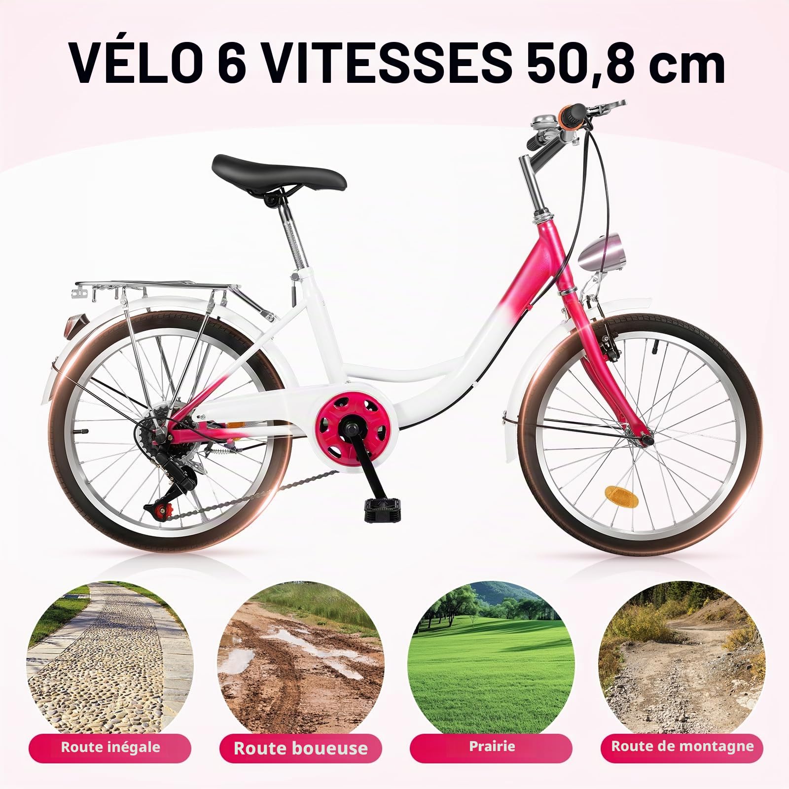 Vélo 20 pouces 6 vitesses pour enfant fille - 20 pouces - Pré-montage - Rose - Vitesse et hauteur réglables - Pour les personnes d'une taille de 57 à 64 pouces