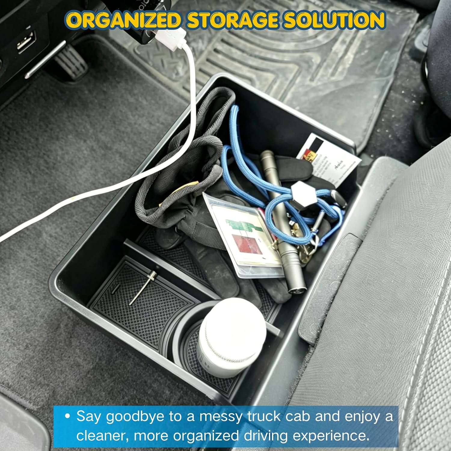 Center Jump Seat Underseat Storage Box with Cup Holder, Replacement for OEM HC3Z-2813562-AB, Fits 2015-2026 Ford F150 & 2017-2026 F250 F350 F450 Super Duty, Only for 40/20/40 Split Bench Jump Seat