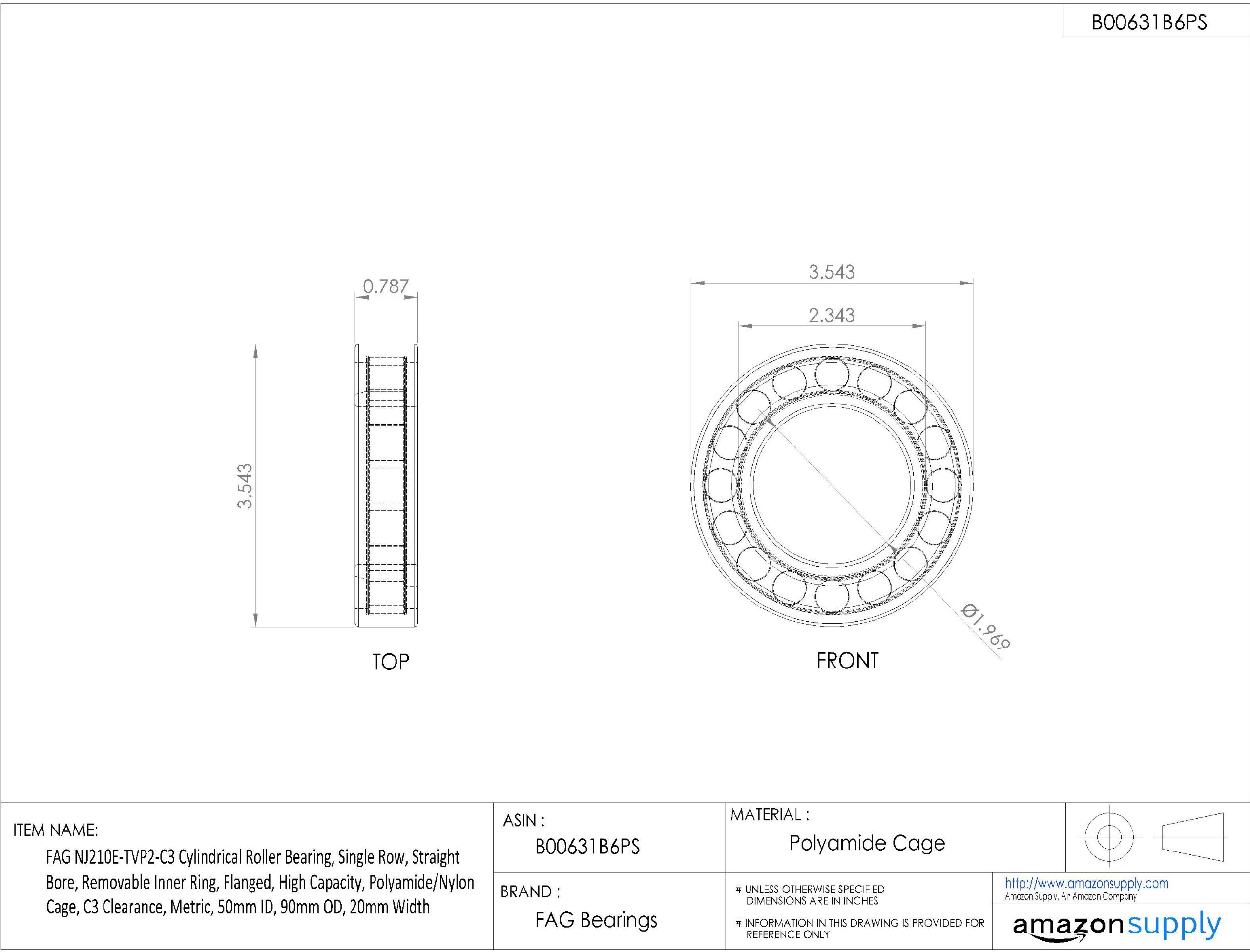 FAG NJ210E-TVP2-C3 Roulement à rouleaux cylindrique, rangée unique, alésage droit, bague intérieure amovible, bride, haute capacité, cage en polyamide/nylon, dégagement C3, métrique, diamètre intérieur 50 mm, diamètre extérieur 90 mm, largeur 20 mm