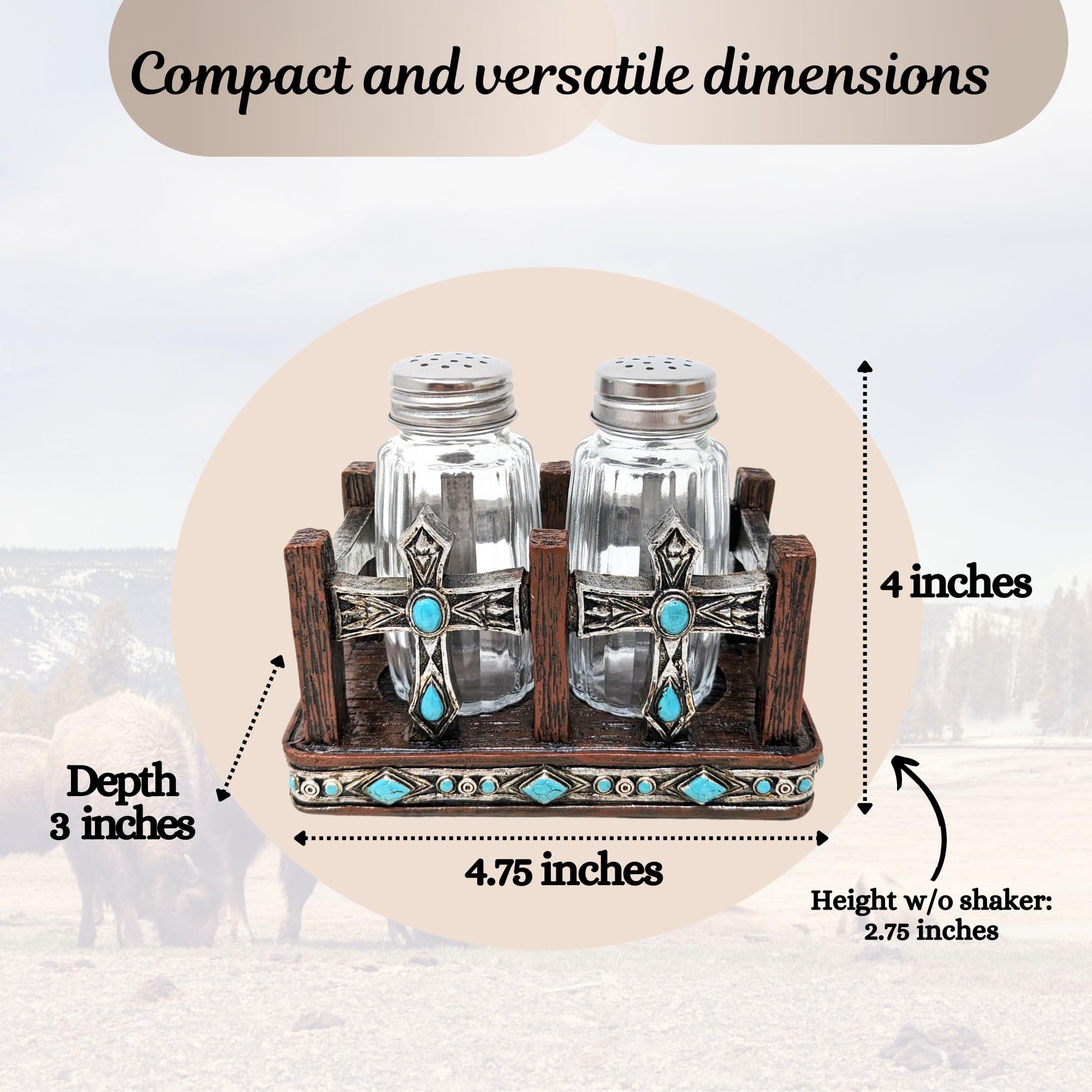 BestGiftEver Salero y pimentero de piedras preciosas turquesa (doble cruz), detalles de cocina del suroeste, juego de salero y pimentero rústico occidental, decoración de comedor