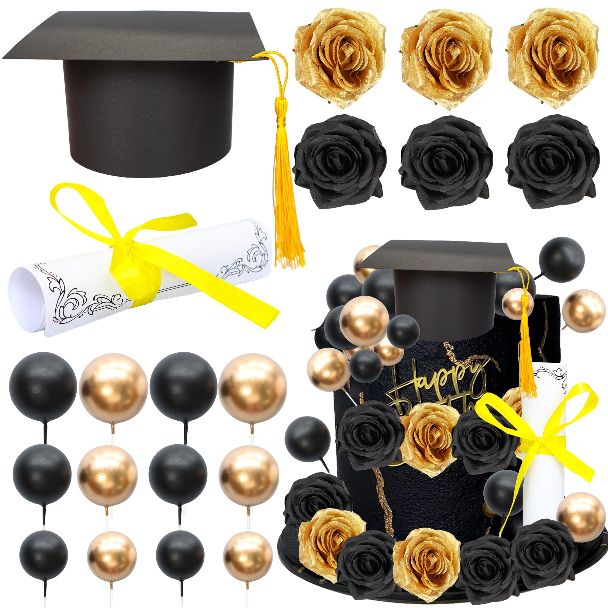 Gyufise 40Pcs 2026 Graduation Cake Topper Decoration Diploma Done Diploma Grad Cap Cake Pick Balloon Flower Prom 2026 Cake Decorations for Class of 2026 Congrats Grad Party Supplies Black Gold