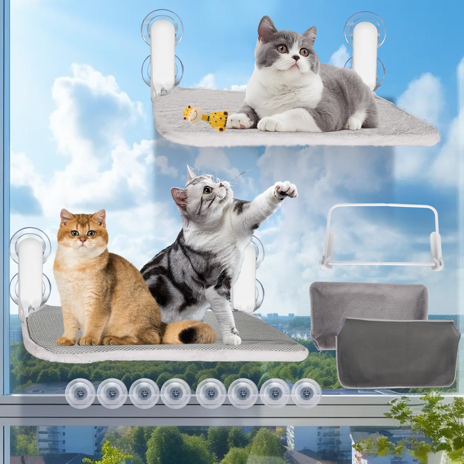 2PC Cat Window Perch, Cat Bed for Window cat Perch with 8 Suction Cups, Easy to Assemble 22.83