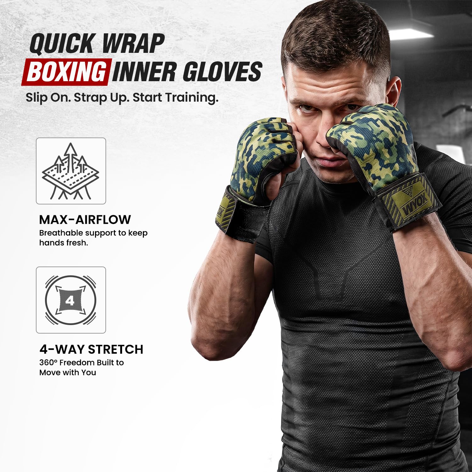 WYOX Fasce in gel di alta qualità per guantoni da boxe, polsiere rapide da 80 cm, imbottite, per uomini, donne, muay thai, MMA, kickboxing, arti marziali (giungla mimetica, L/XL)