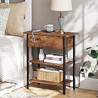 Vista 4 de HOOBRO Juego de 2 mesas auxiliares, mesa auxiliar con estación de carga, mesita de noche abatible con puertos USB y tomacorrientes, mesitas de noche