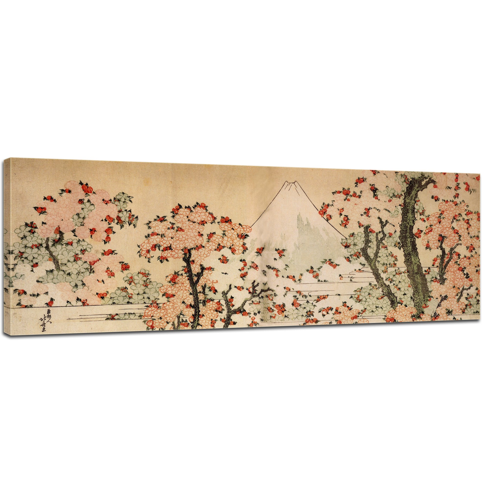 Bilderdepot24 Bild auf Leinwand | Katsushika Hokusai Blick auf den Fujijama mit blühenden Kirschbäumen in 120x40 cm als Wandbild | Wand-deko Dekoration Wohnung alte Meister | 180203-120x40