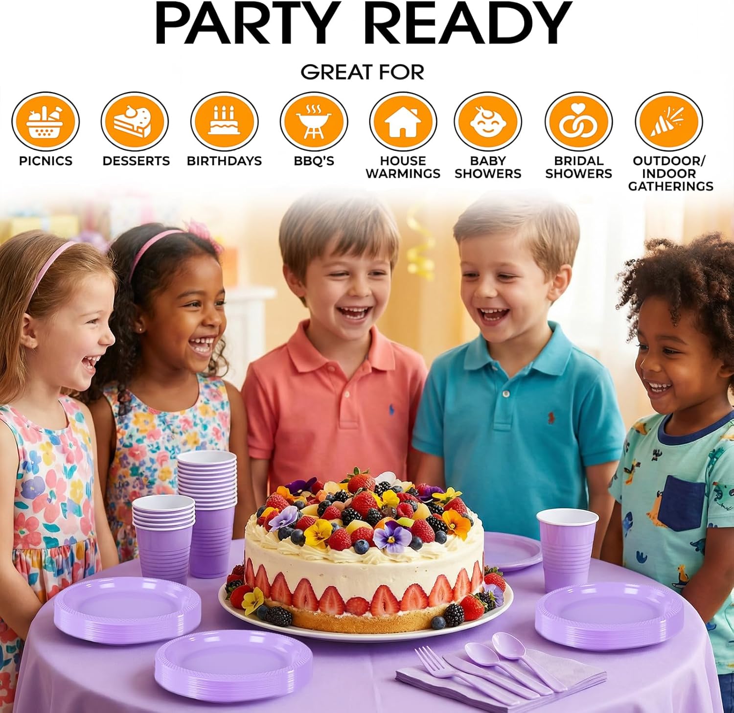 Tinybee 352 Pcs Light Purple Plastic Plates for Party – Disposable Dinnerware Set for 50 Guests – Complete Party Supplies Kit with Plates, Cutlery, Cups, Napkins & Tablecloths for Wedding & Birthday