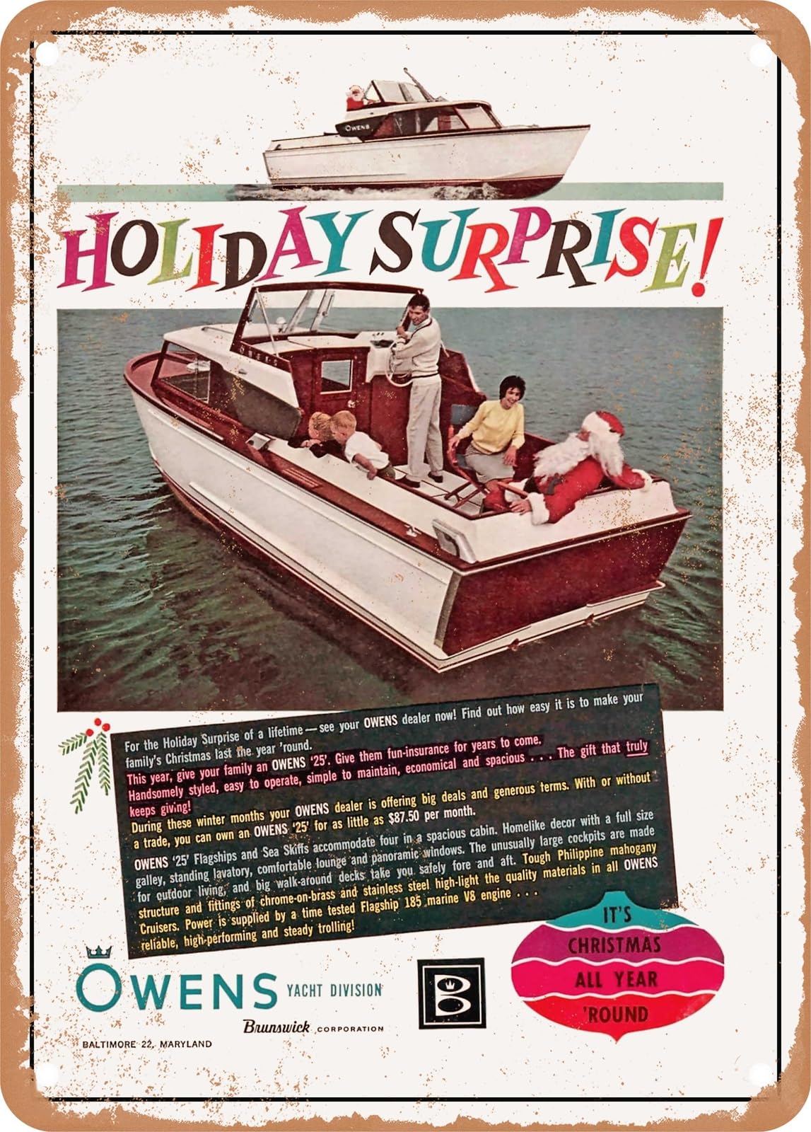 Miaomansenstore Metal Sign - 1961 Holiday Surprise Owens Yacht Division Vintage Ad Home Decor