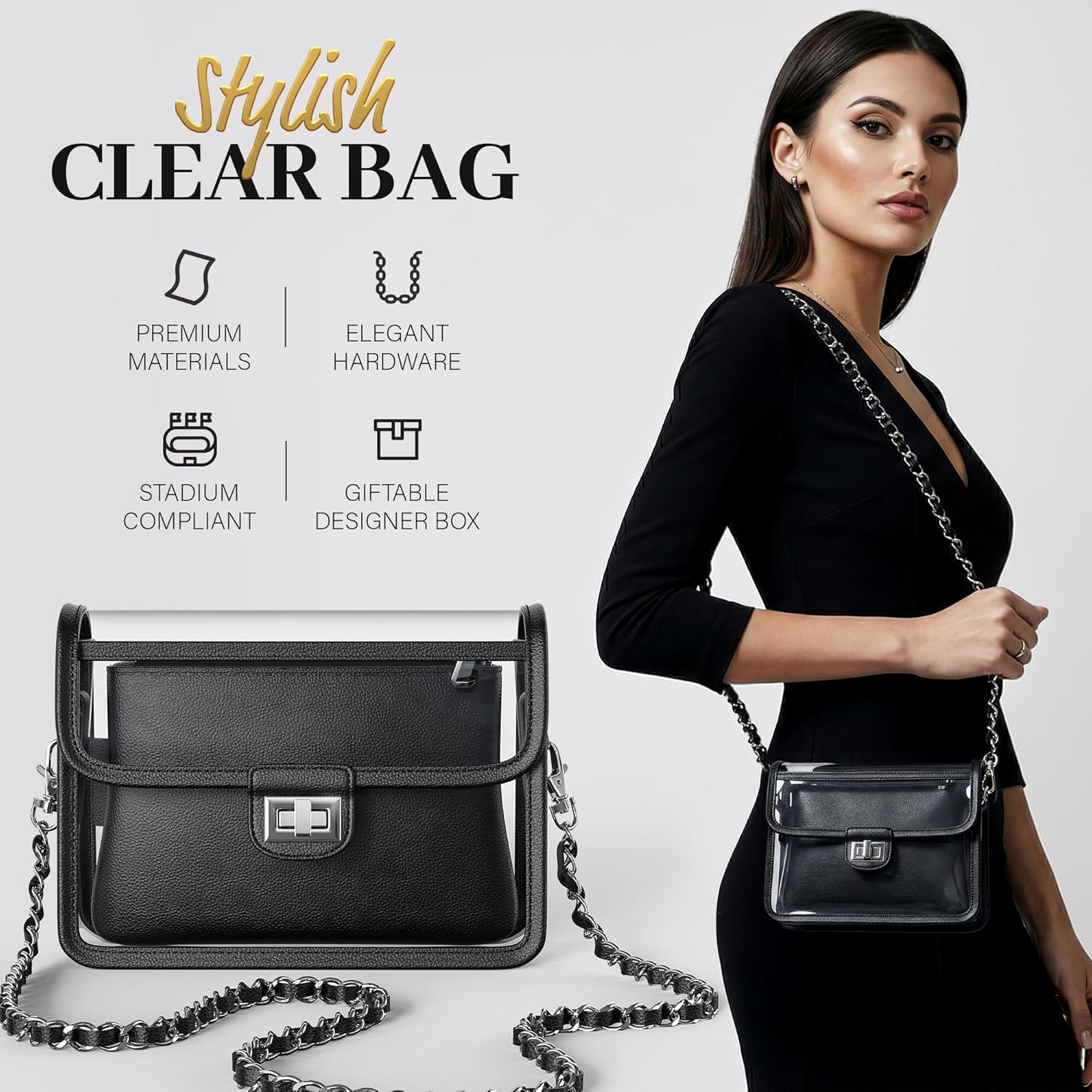 Clear Crossbody Purse for Women Stadium Approved, Anti-Yellowing UV TPU Luxury Bag with Wallet Insert & Chain Strap