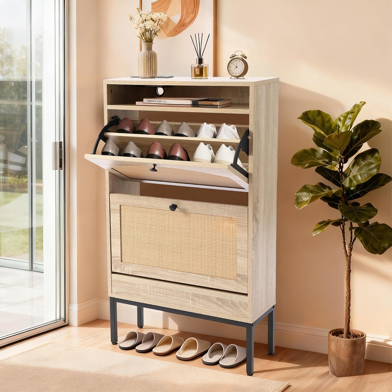 Shoe Cabinet with 2 Flip Drawers, Free Standing Wooden Shoes Storage Cabinet with Rattan Doors for Front Door Entrance, Boho Hidden Narrow Shoe Rack (Oak)
