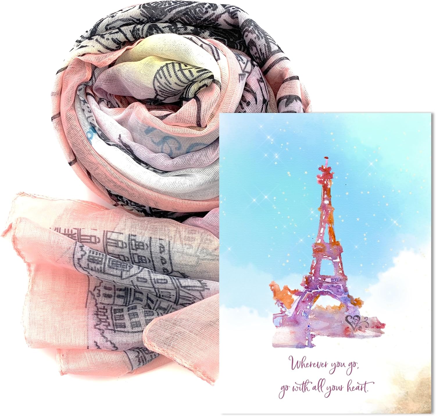 Smiling Wisdom | Wherever You Go, Go With All Your Heart Greeting Card & Paris Lightweight Scarf Gift Set | Beginnings Goodbye Retirement Journey | Women Coworkers Firends | White Gray Peach Black
