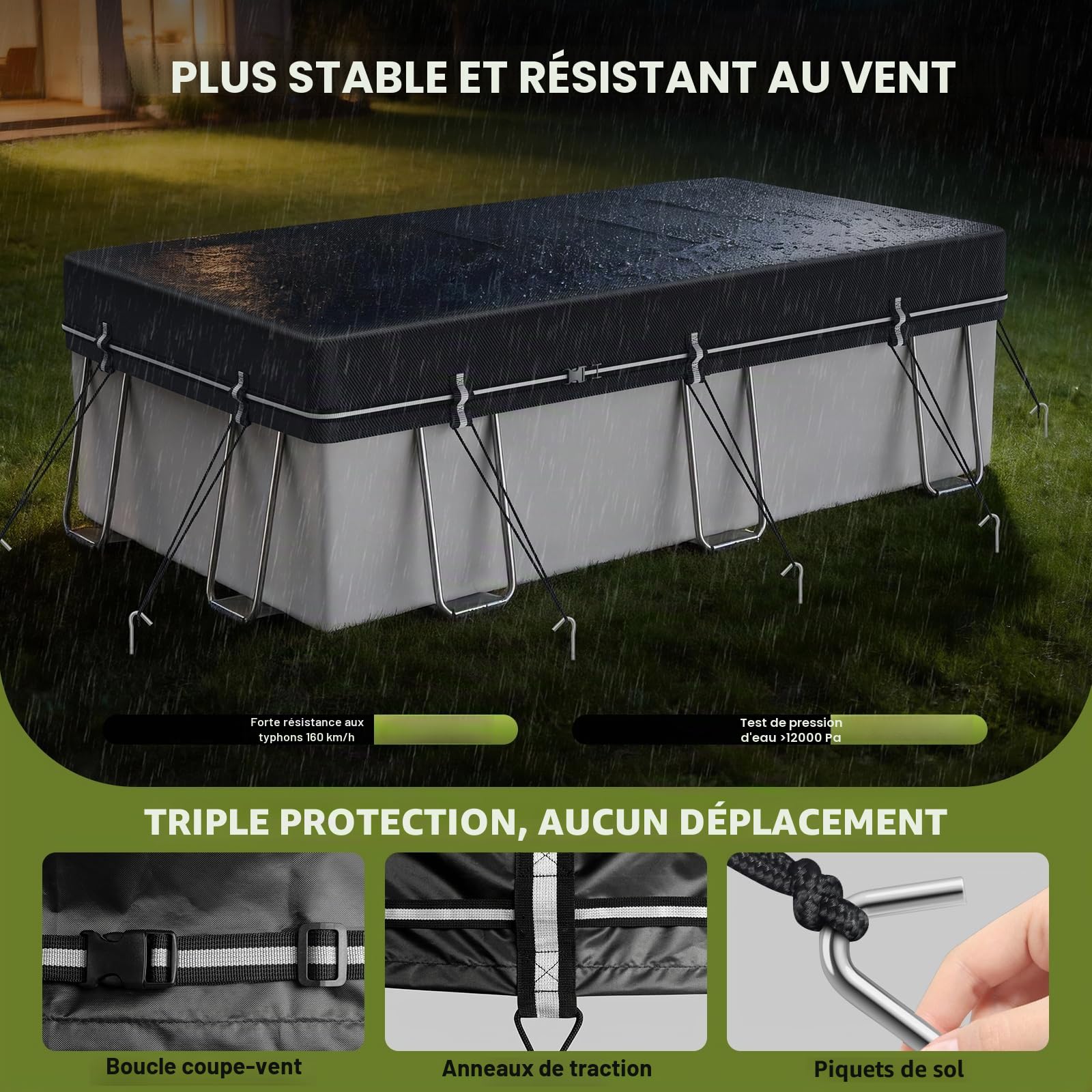 Bâche de Piscine rectangulaire 2,4 x 4,3 m pour Piscine Hors Sol, bâche Solaire avec Boucle Coupe-Vent intégrale, Housse d'hiver idéale imperméable et Anti-poussière