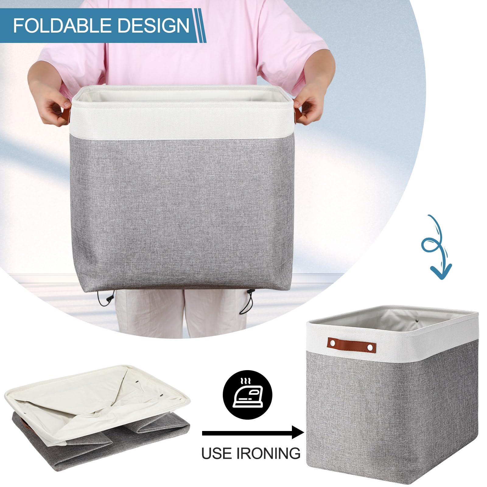 Uiifan Faltbare Aufbewahrungskörbe aus Stoff, faltbar, mit Griffen, Stoffkorb, Organizer, Leinen-Regalkörbe für Regale, Zuhause, Schrank, Kinderzimmer, Spielzeug (grau und weiß, 43,2 x 38,1 x 30,5 cm)