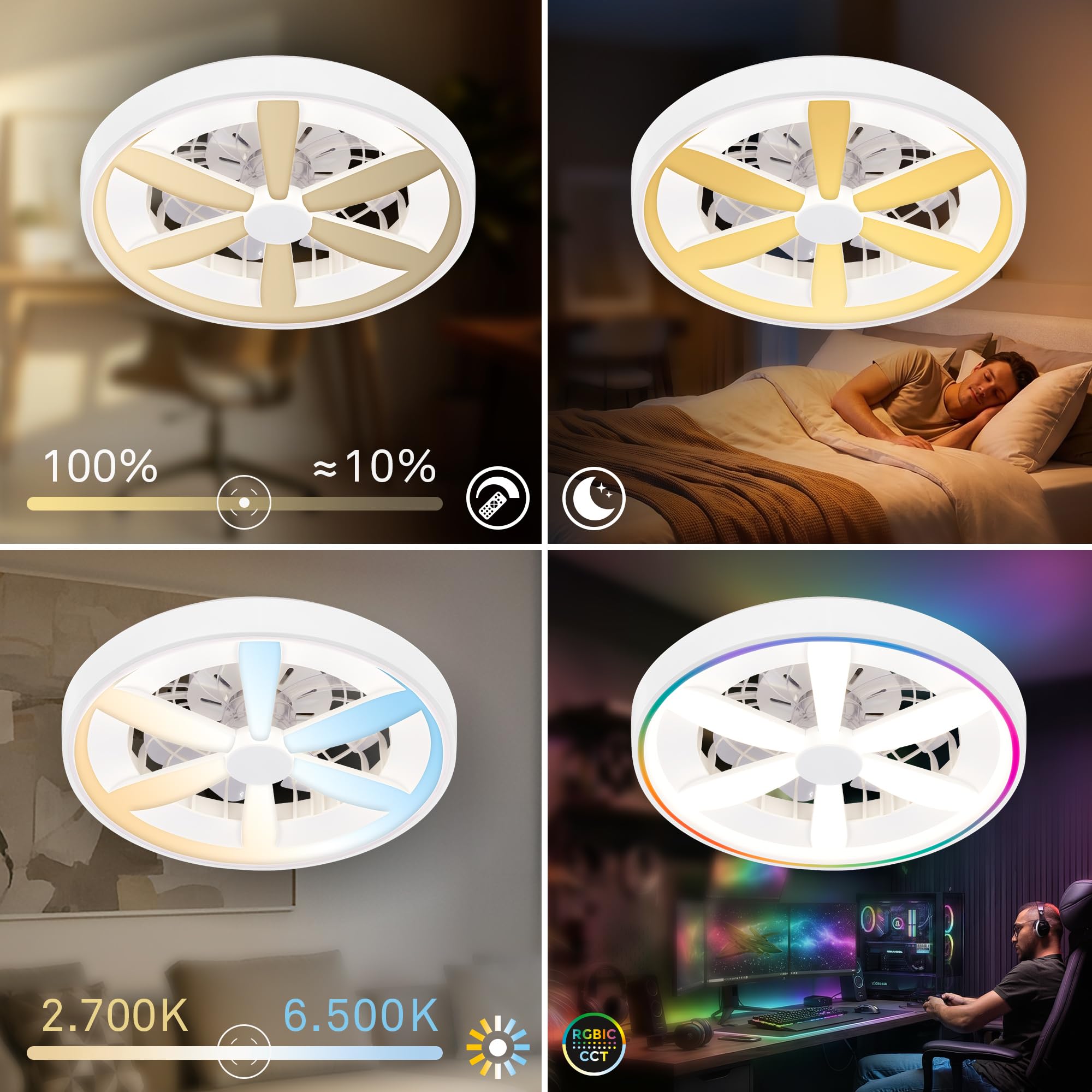BRILONER - Ventilador de techo con luz LED, mando a distancia, motor DC silencioso con 5 velocidades, RGBIC, CCT y luz regulable, lámpara ventilador techo dormitorio, 48 x 15 cm, blanco
