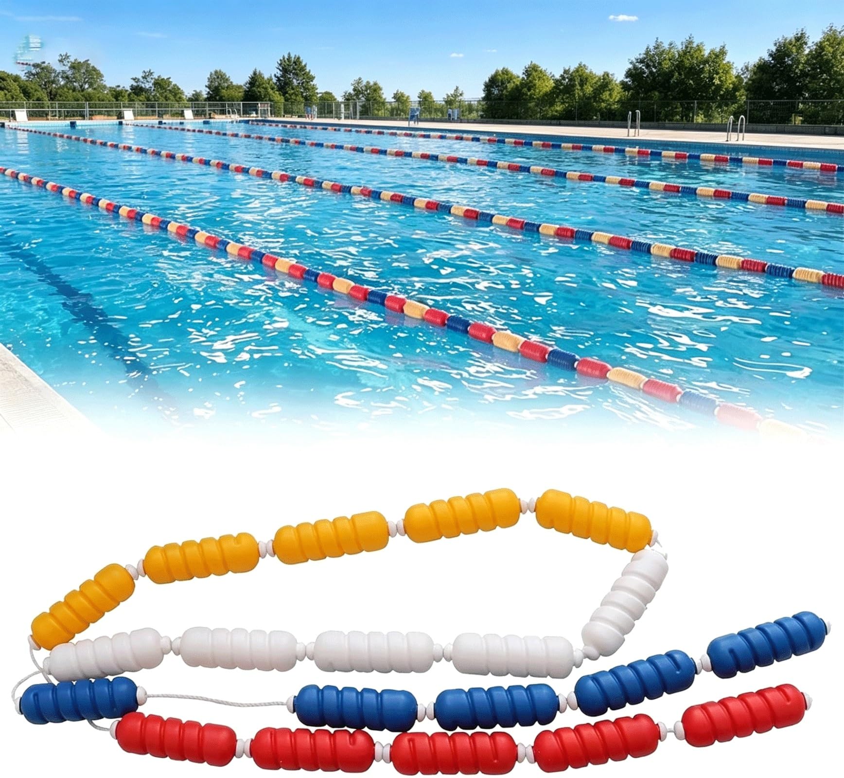 Kit Completo di Corda Galleggiante per Piscina, Linea divisoria di Sicurezza da 4,88 m con 2 Ganci e galleggianti, Corda in Polipropilene Regolabile per Piscina, Palestra Domestica