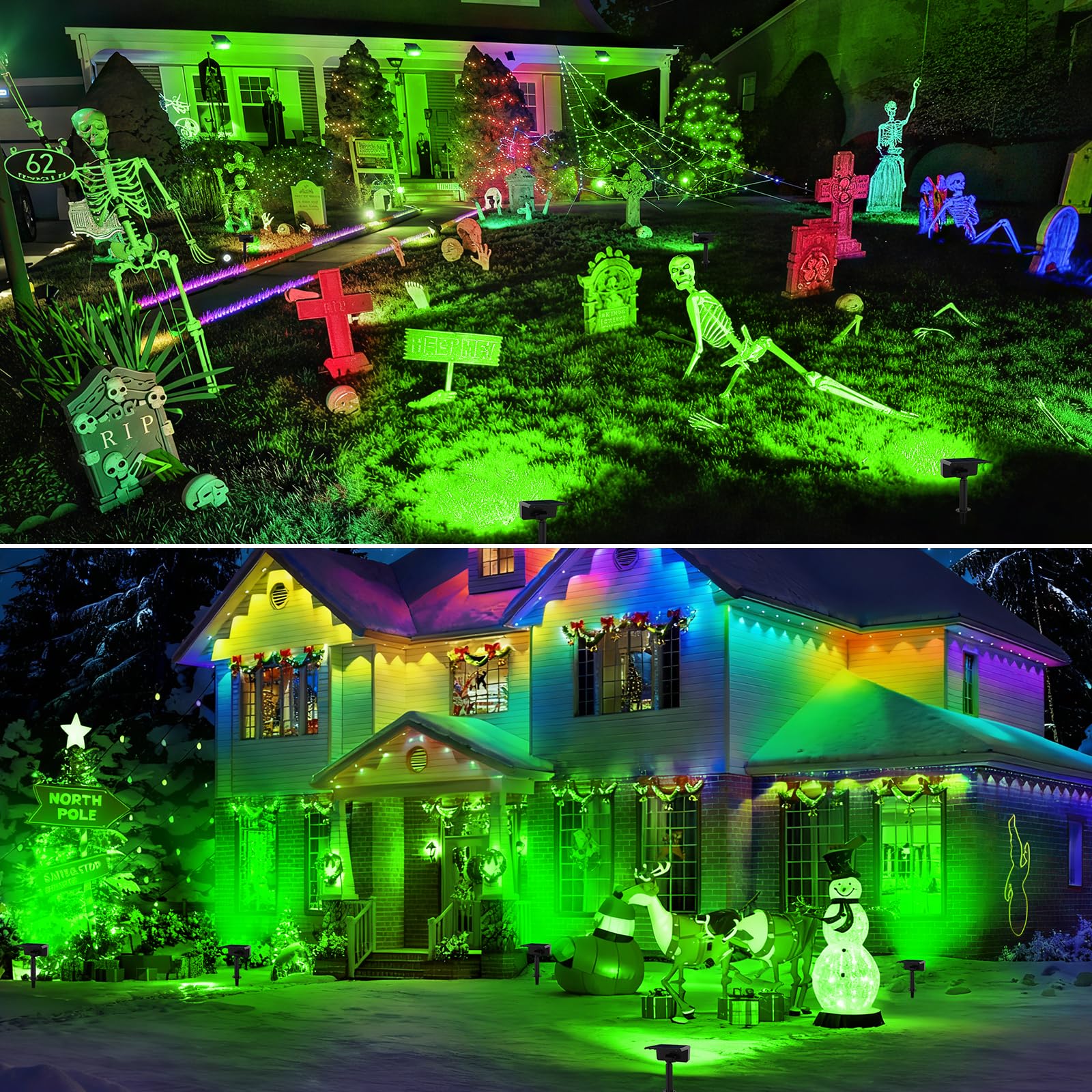 T-SUNUS Focos solares verdes para exteriores, luces solares de jardín impermeables, 2 modos brillantes, luces de seguridad, luz de paisaje de Navidad para jardín, árbol, patio, césped, escaleras
