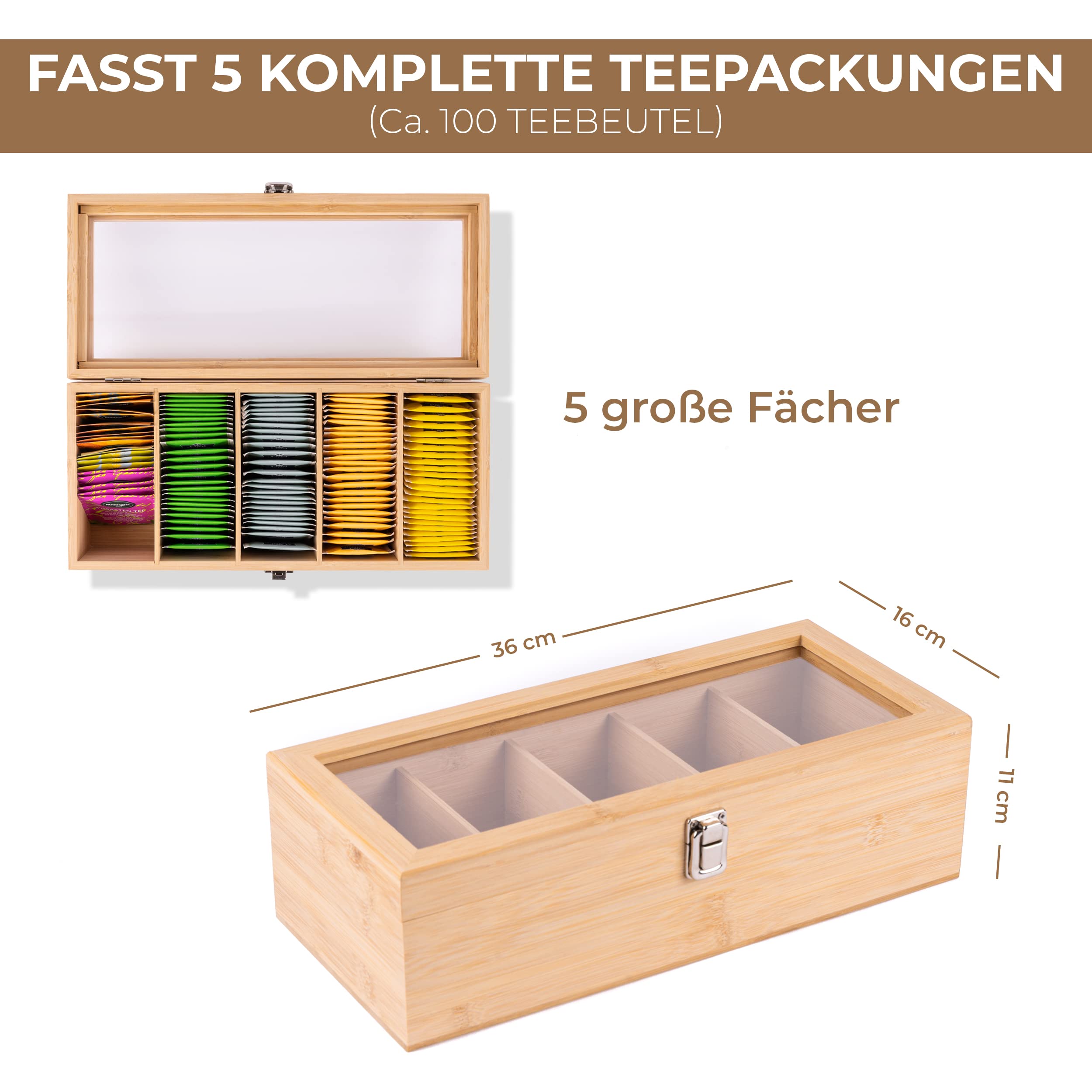 Valuna Boîte à thé en bambou H x l x P : env. 11 x 36 x 16 cm, boîte de rangement avec 5 compartiments, boîte à thé en bois pour ranger 100 sachets de thé