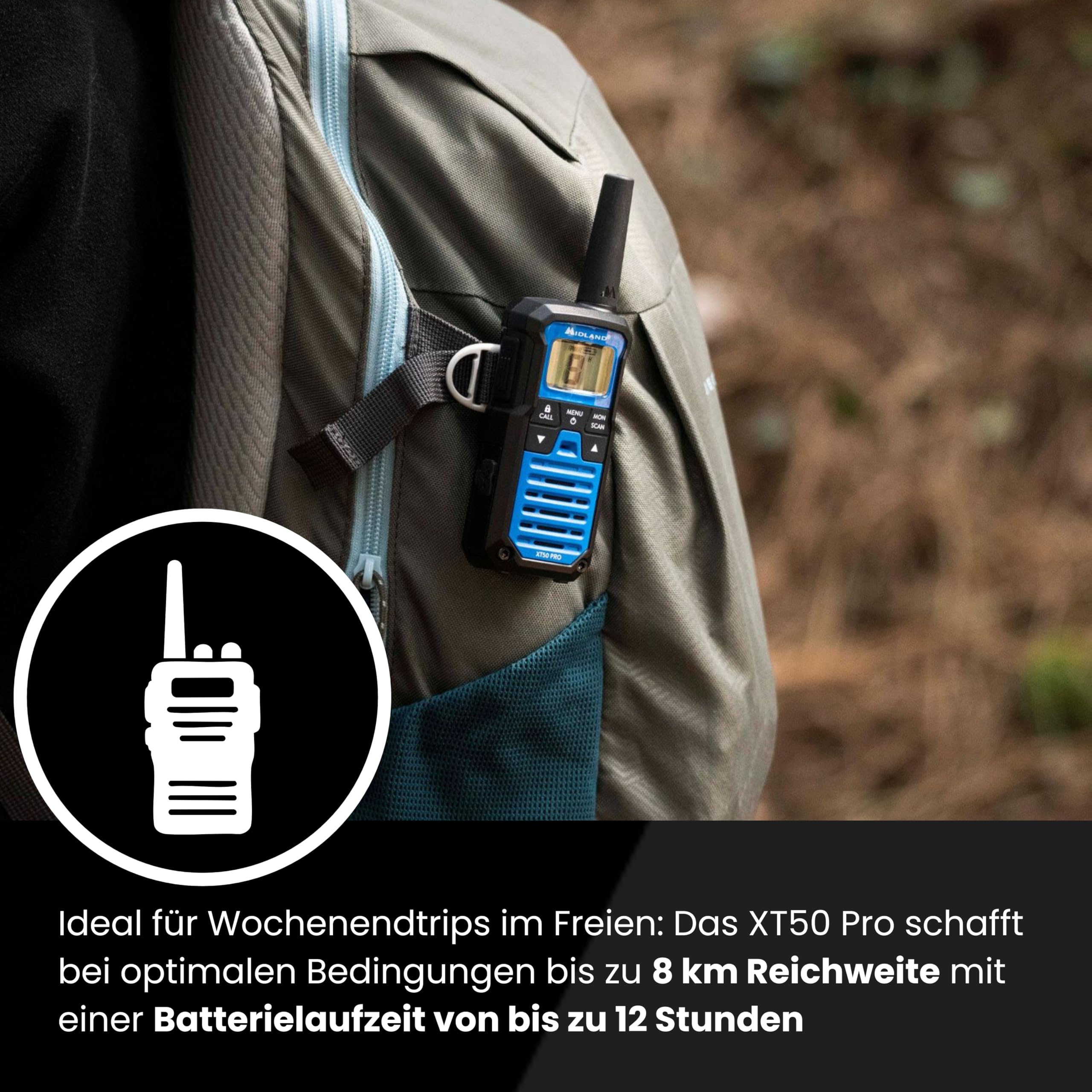 Midland XT50 PRO Doble, Walkie Talkie Profesional de Carga Rápida, 85 Canales PMR446 y Canal RRM, 38 Tonos CTCSS, Resistente al Agua IPX2, Recargable con USB, Alcance de 8 km, Negro/Blanco, 2 Unidades