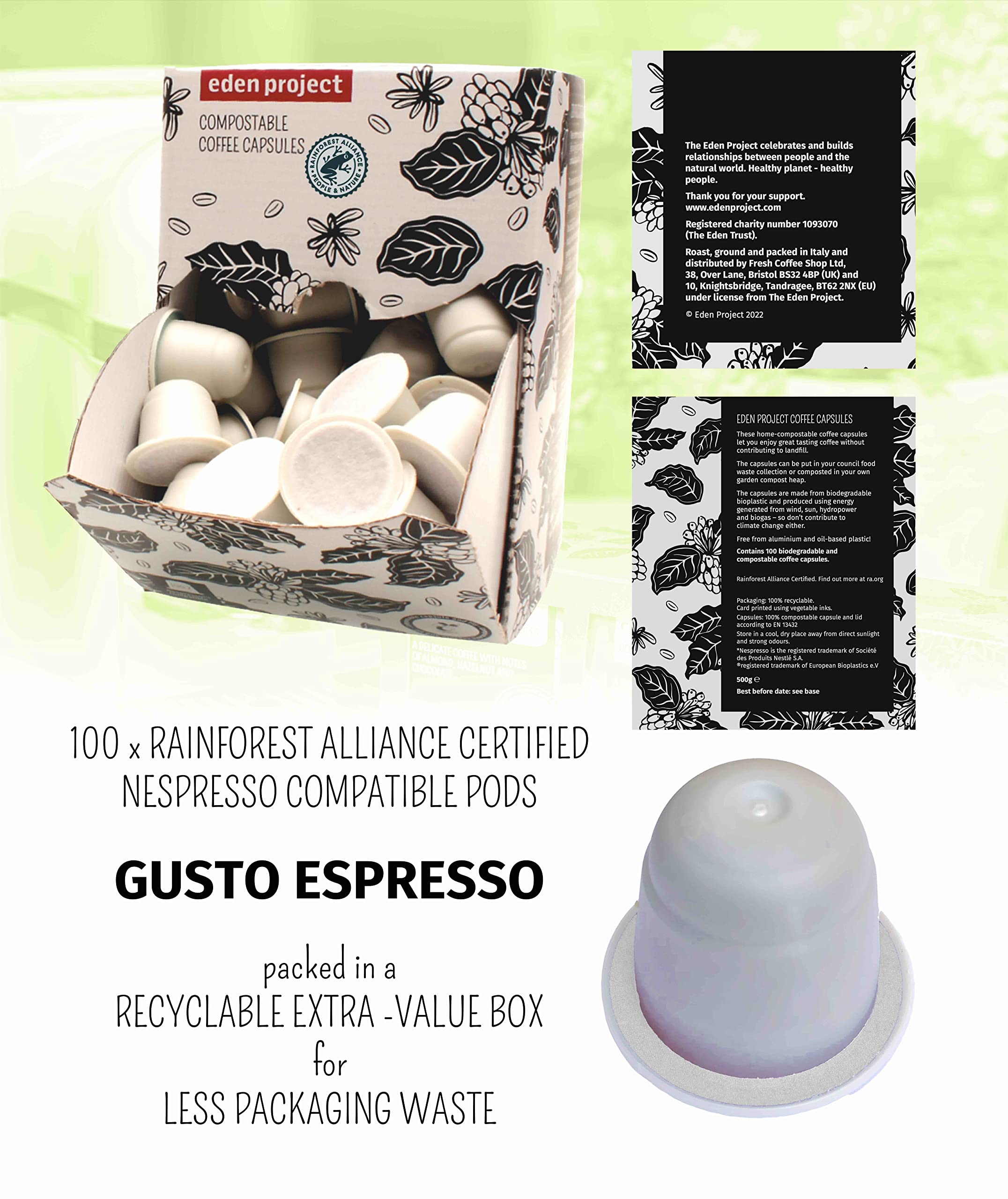 THE EDEN PROJECT Home - Cápsulas de café compostables, compatibles con máquinas de café Nespresso Original System, paquete de 100 cápsulas de valor extra (Gusto Espresso)