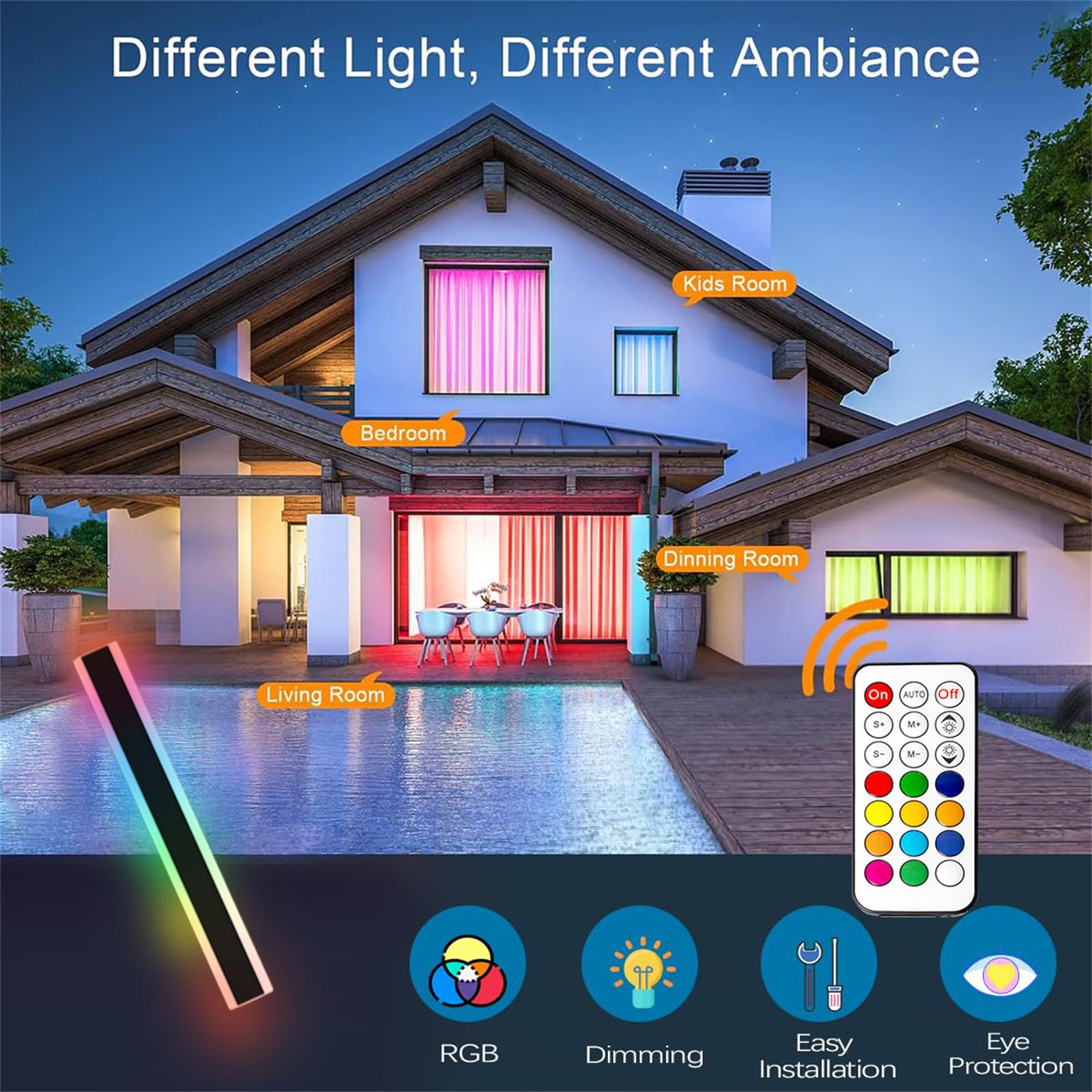 Nowoczesna lampa ścienna do wnętrz RGB z pilotem zdalnego sterowania, wodoodporna IP65, długa taśma świetlna, do korytarzy zewnętrznych, patio, podwórza, sypialni, garażu