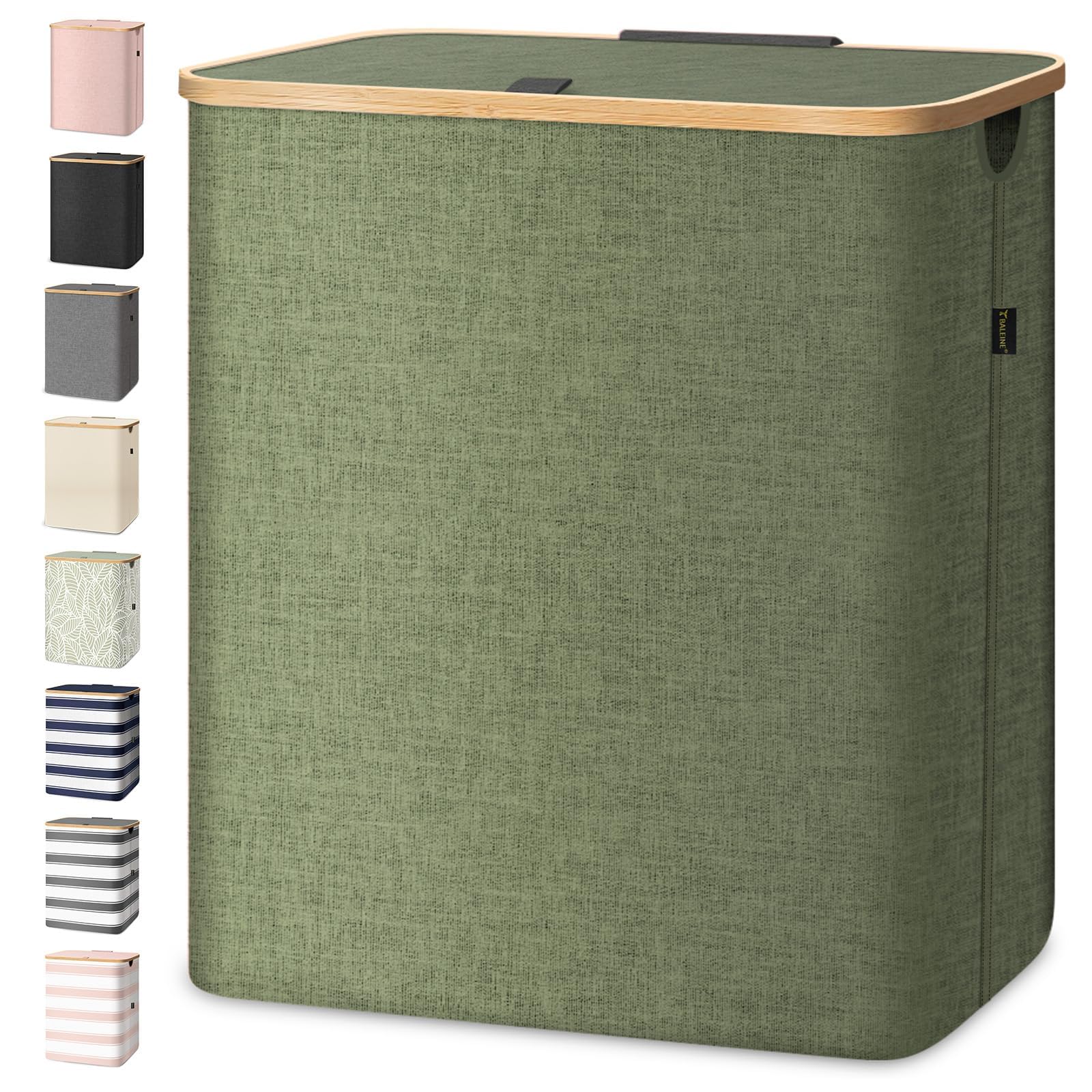 BALEINE Laundry Hamper with Lid, Tall Laundry Baskets with Bamboo Pull Handles, Large Laundry Bin with Internal Support (36 Gal/140L, Green)
